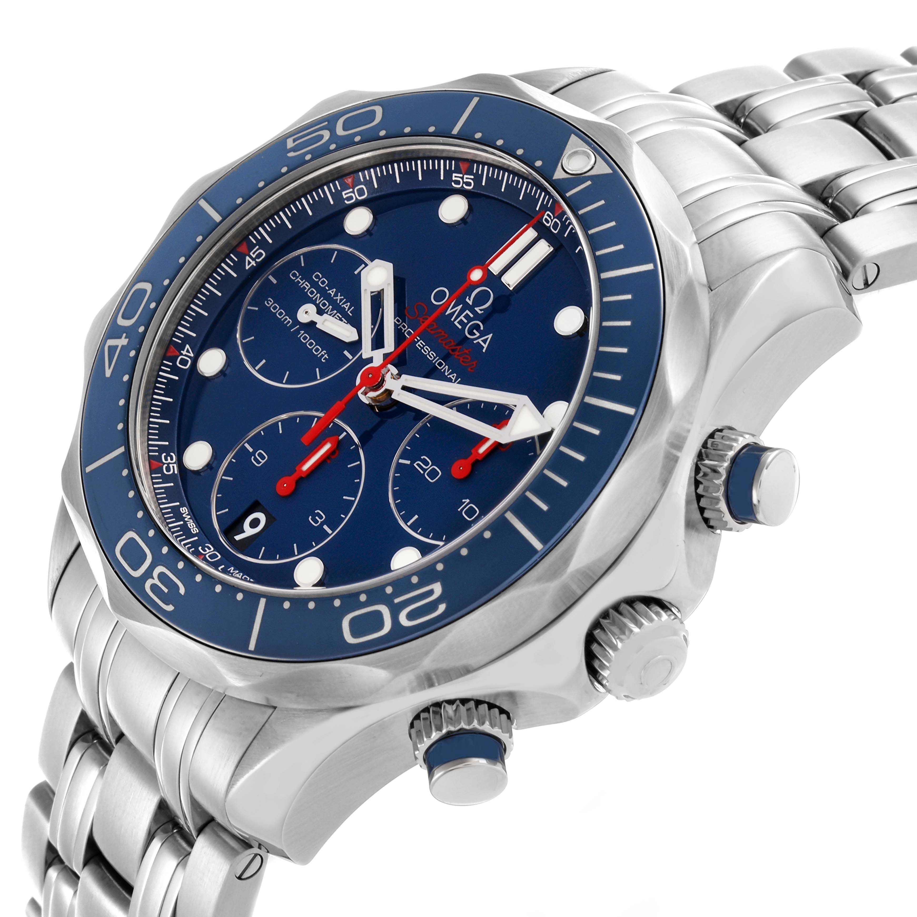 The Omega Seamaster 212.30.42.50.03.001 Men
s Stainless Steel Blue Dial 212.30.42.50.03.001 Men
s Stainless Steel Blue Dial watch is shown at an angled view highlighting the bezel, dial, crown, and bracelet.