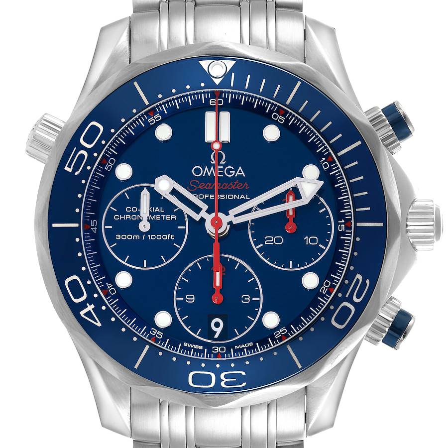 The Omega Seamaster watch is shown from the front, displaying the entire face and partial bracelet.