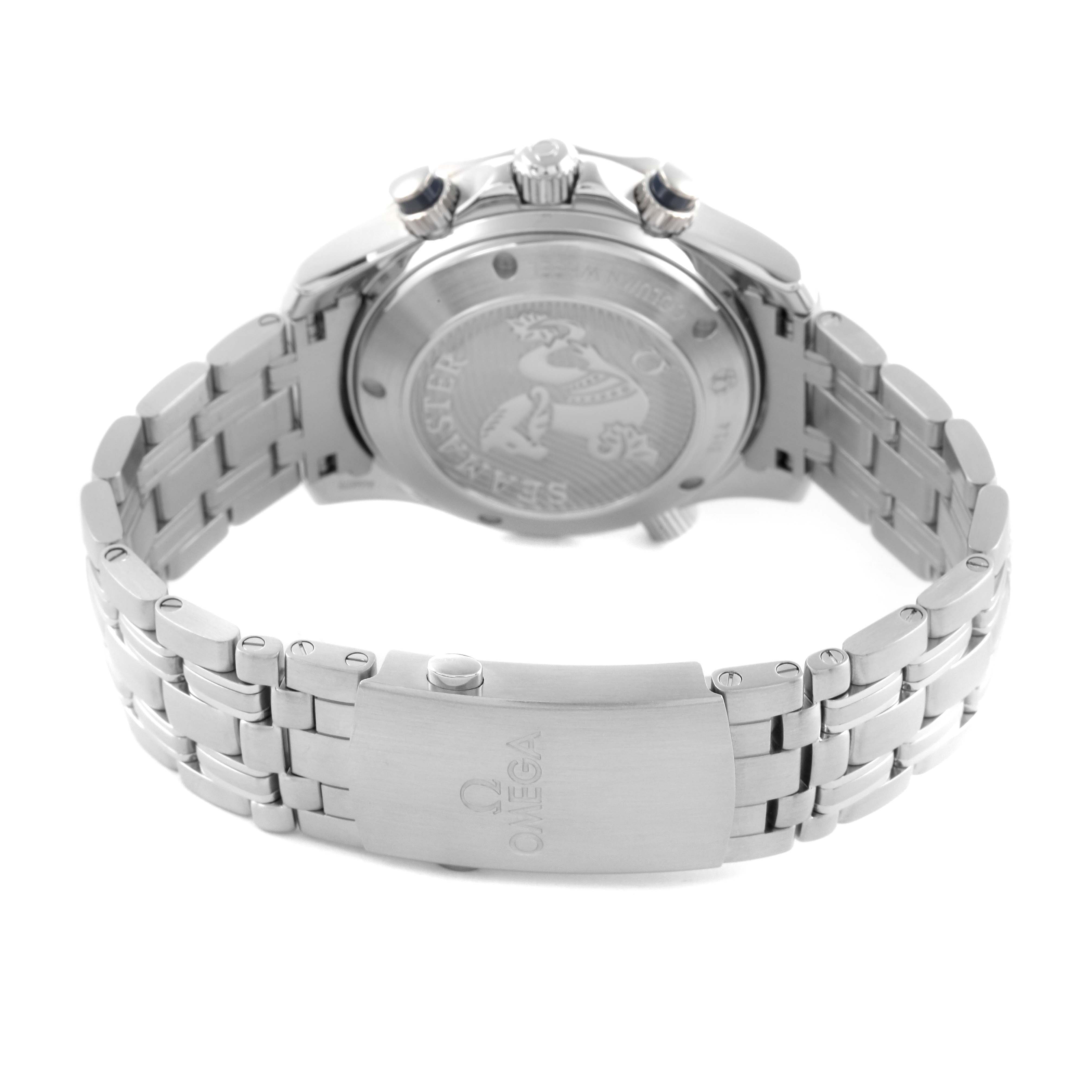 The Omega Seamaster 212.30.42.50.03.001 Men
s Stainless Steel Blue Dial 212.30.42.50.03.001 Men
s Stainless Steel Blue Dial watch is shown from the back, highlighting the case back and bracelet clasp.