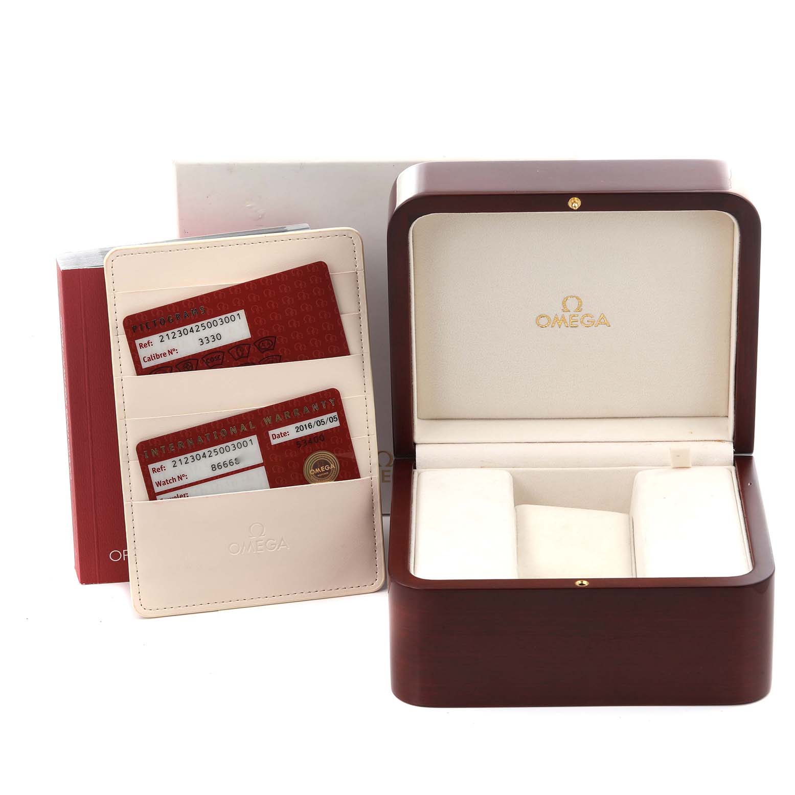 The image shows the Omega Seamaster 212.30.42.50.03.001 Men
s Stainless Steel Blue Dial 212.30.42.50.03.001 Men
s Stainless Steel Blue Dial watch box and warranty cards, viewed from the front.