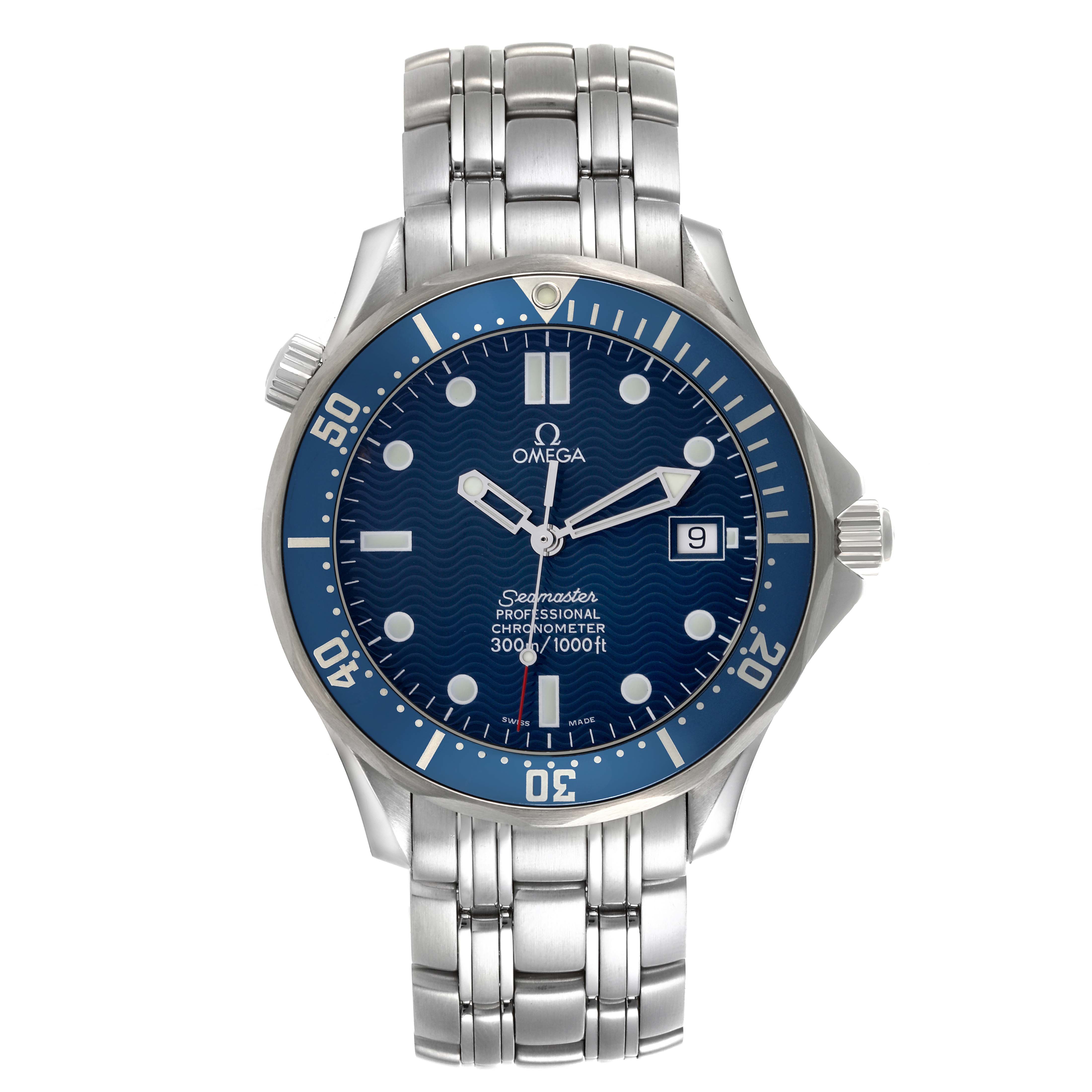 The Omega Seamaster 2531.80.00 Men
s Stainless Steel Blue Dial 2531.80.00 Men
s Stainless Steel Blue Dial watch is shown from a front angle, highlighting the dial, bezel, bracelet, and crown.