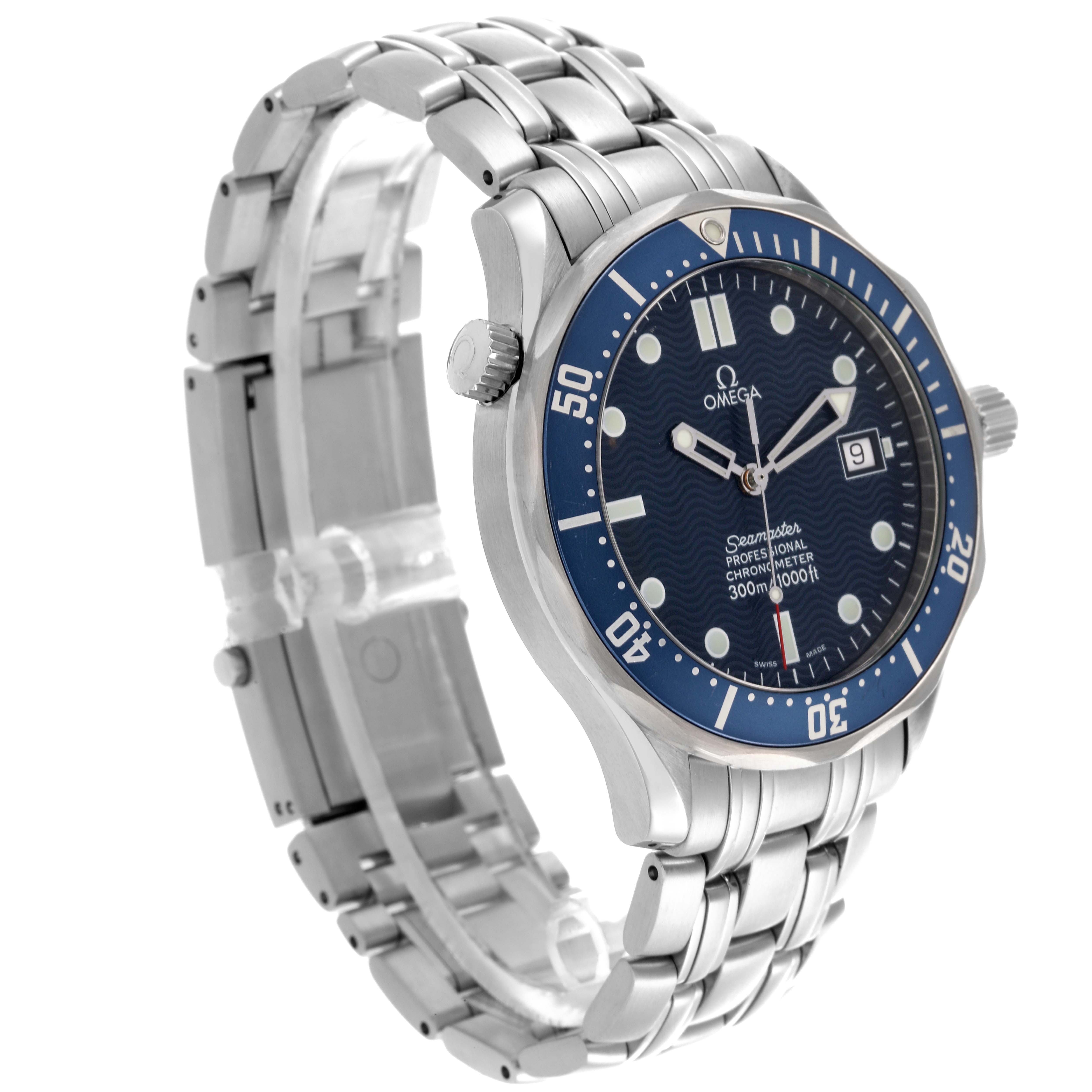 The Omega Seamaster 2531.80.00 Men
s Stainless Steel Blue Dial 2531.80.00 Men
s Stainless Steel Blue Dial watch is shown from a 3/4 angle, displaying its face, bezel, crown, and bracelet.