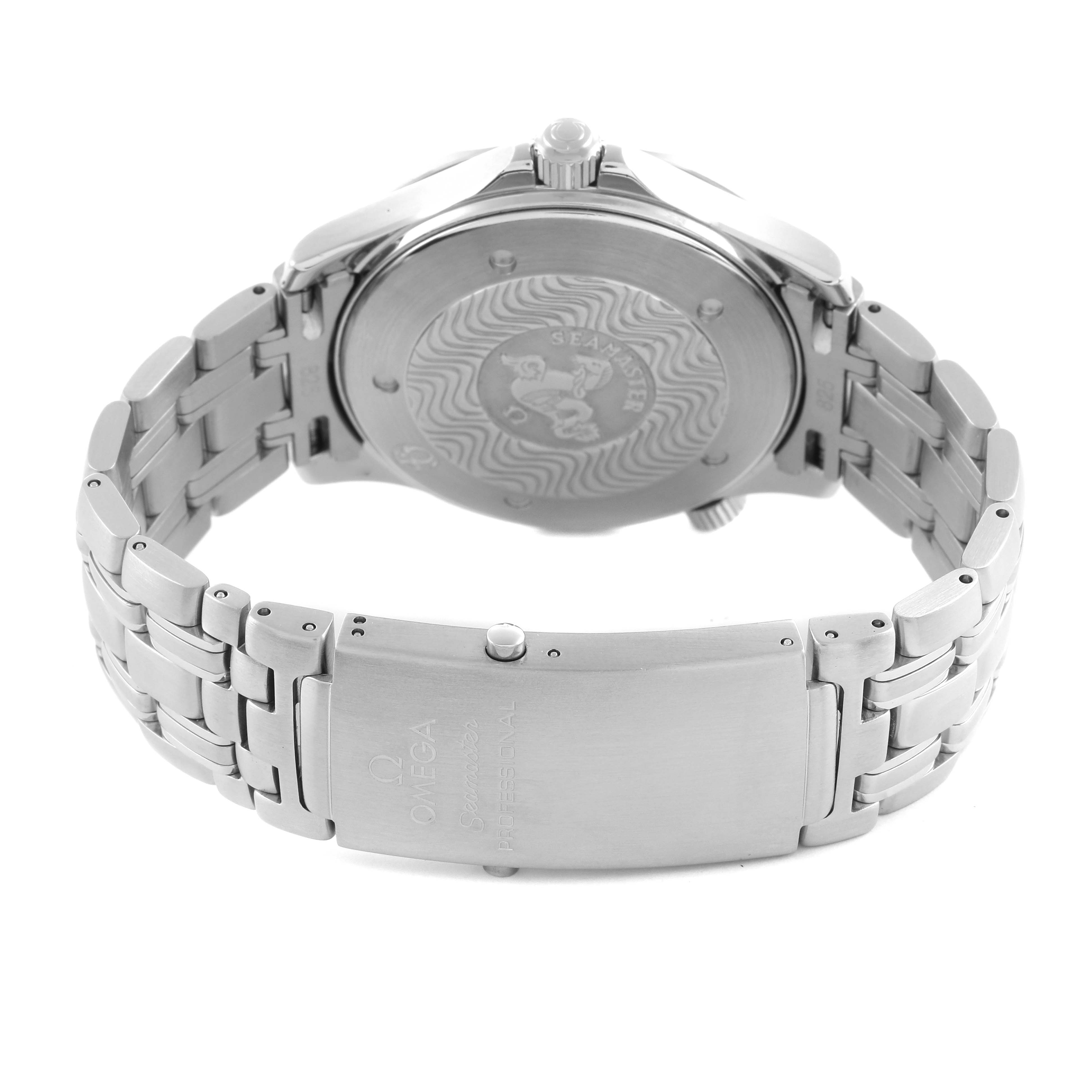 The Omega Seamaster 2531.80.00 Men
s Stainless Steel Blue Dial 2531.80.00 Men
s Stainless Steel Blue Dial watch is shown from the back, highlighting the case back and metal bracelet clasp.