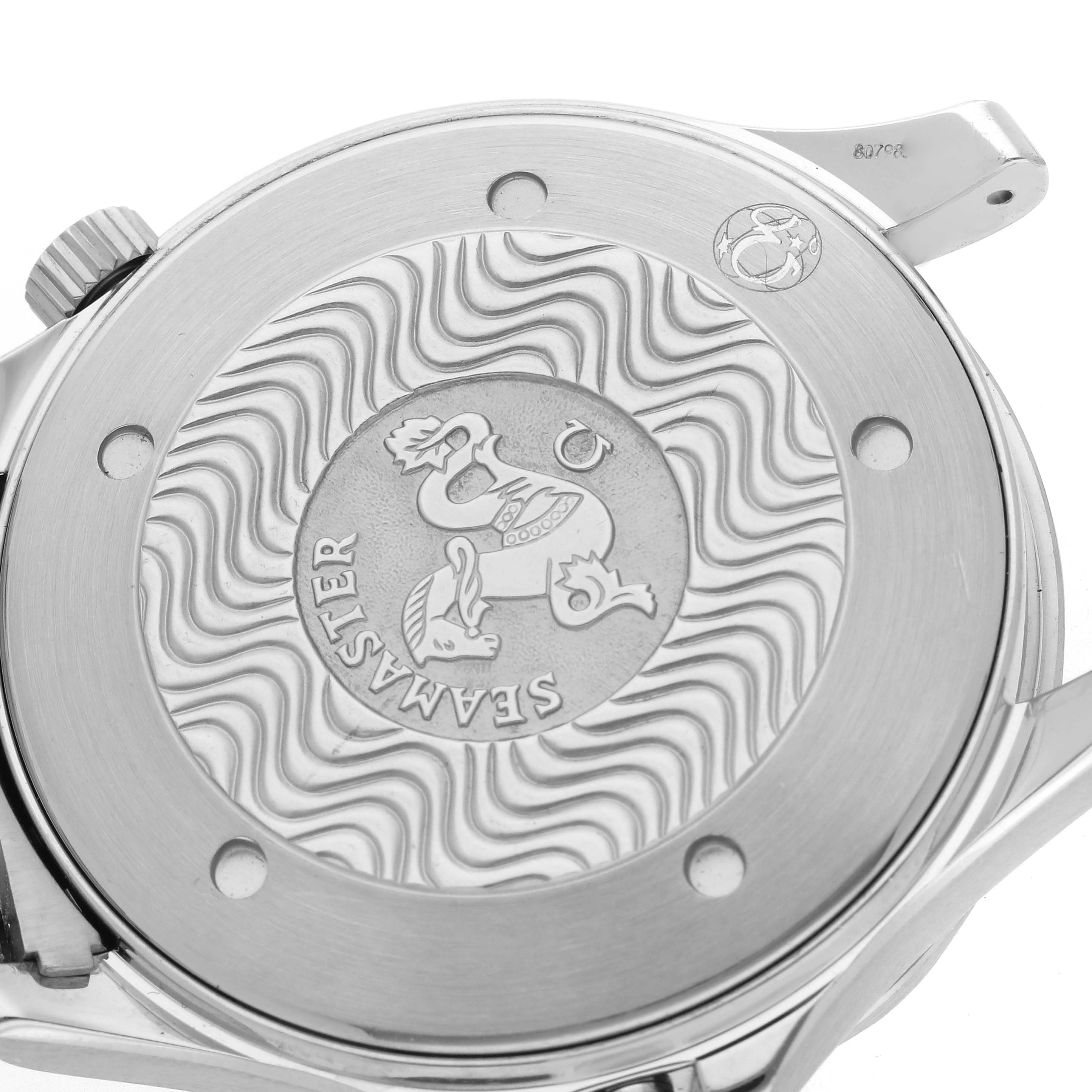 The image shows the case back of the Omega Seamaster 2531.80.00 Men
s Stainless Steel Blue Dial 2531.80.00 Men
s Stainless Steel Blue Dial, featuring the brand
s signature embossed design.