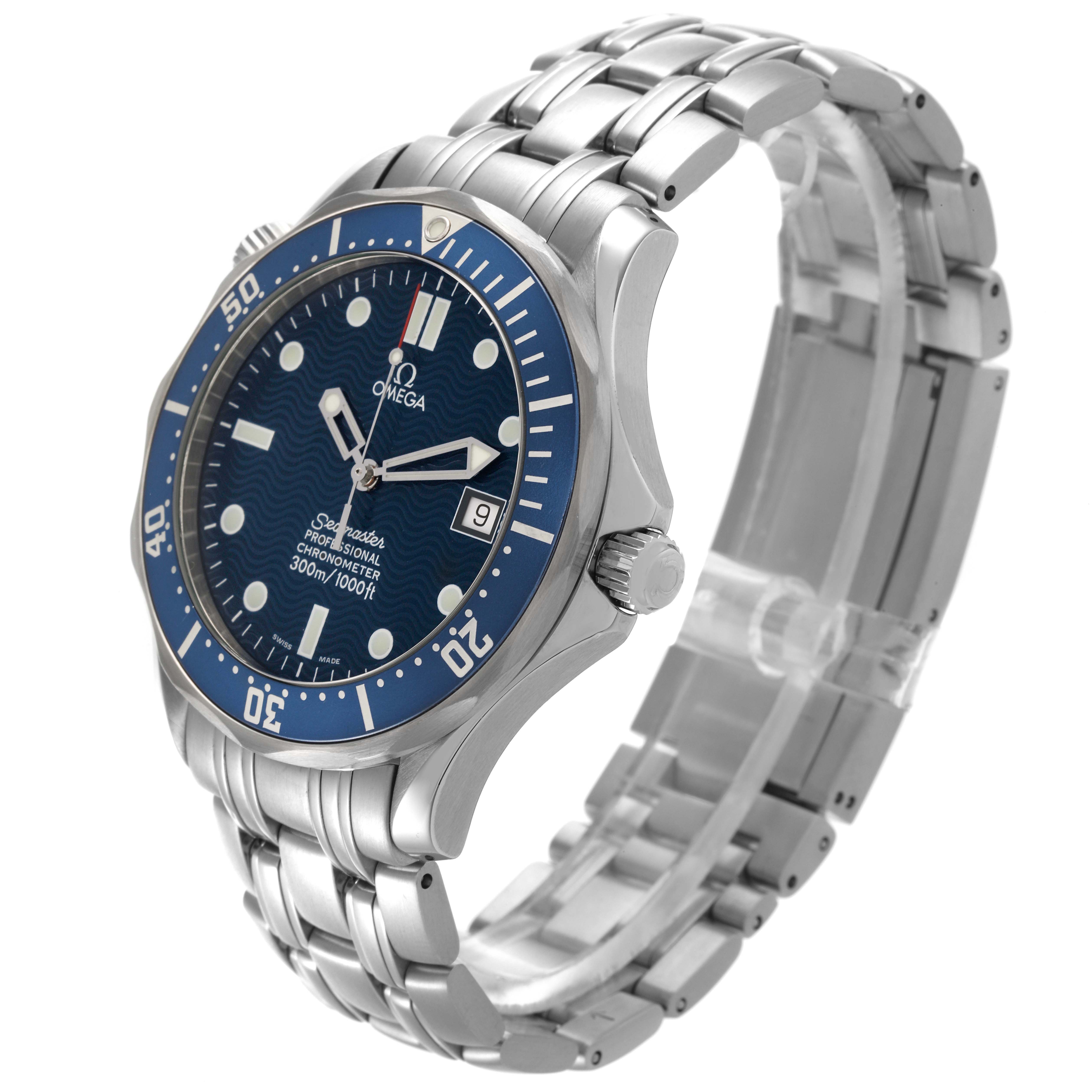The Omega Seamaster 2531.80.00 Men
s Stainless Steel Blue Dial 2531.80.00 Men
s Stainless Steel Blue Dial watch is shown at a three-quarter angle, highlighting the face, bezel, and bracelet.