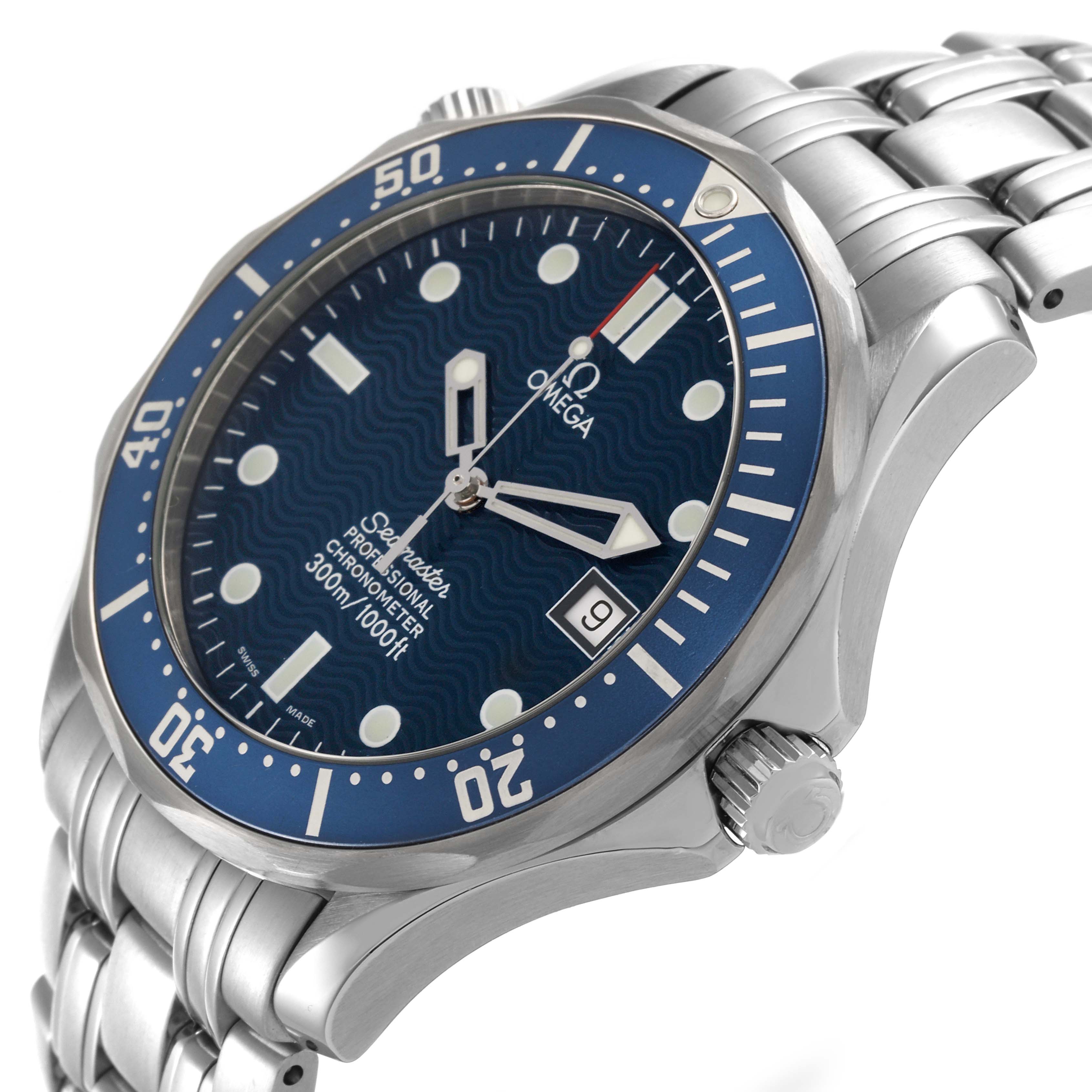 The Omega Seamaster 2531.80.00 Men
s Stainless Steel Blue Dial 2531.80.00 Men
s Stainless Steel Blue Dial watch is shown at an angled view highlighting the bezel, dial, crown, and bracelet.