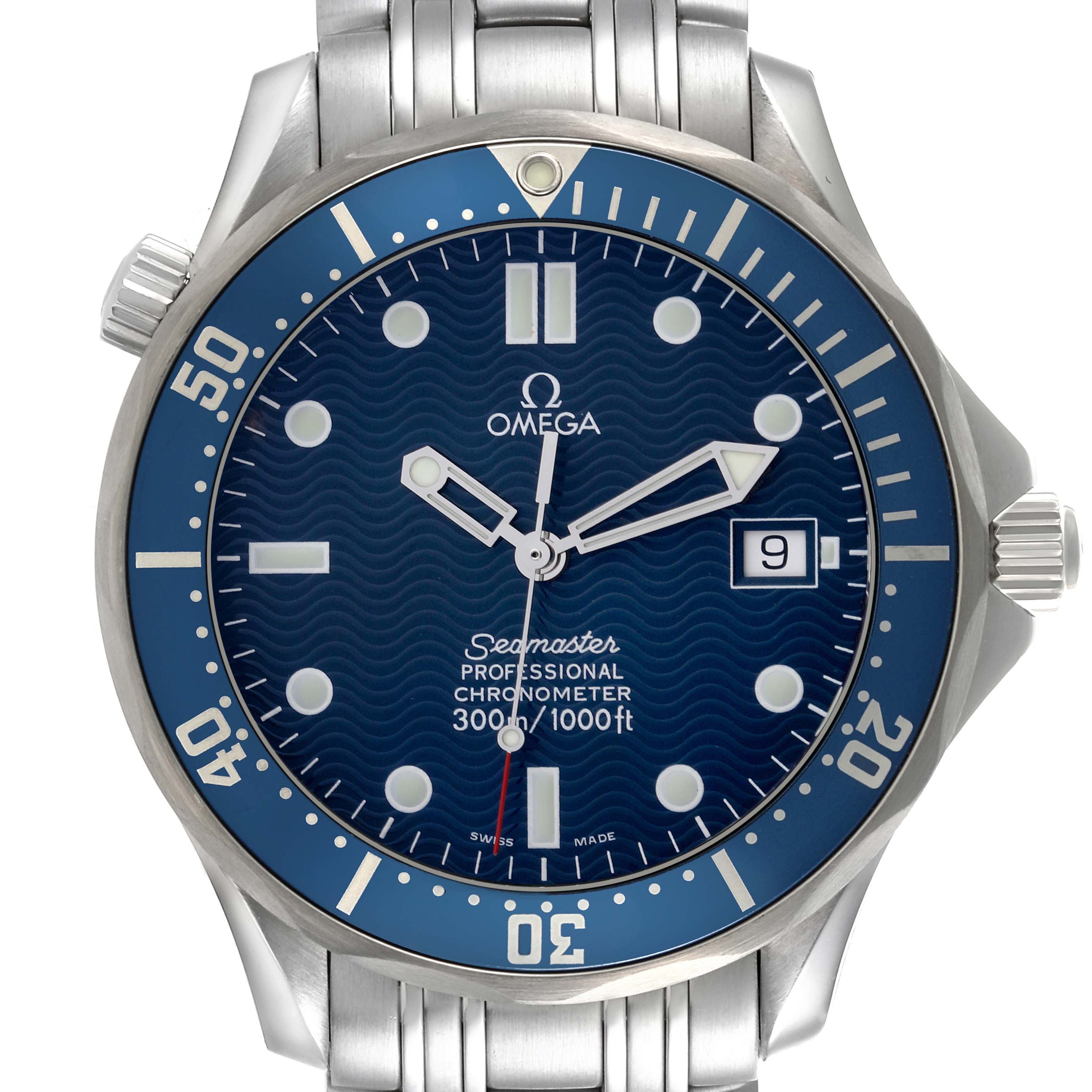 The Omega Seamaster 2531.80.00 Men
s Stainless Steel Blue Dial 2531.80.00 Men
s Stainless Steel Blue Dial watch is shown from the front, highlighting the dial, hands, markings, crown, and bracelet.
