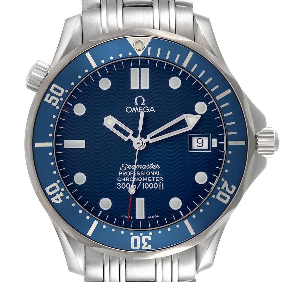 The Omega Seamaster watch is shown from the front, highlighting the dial, hands, markings, crown, and bracelet.