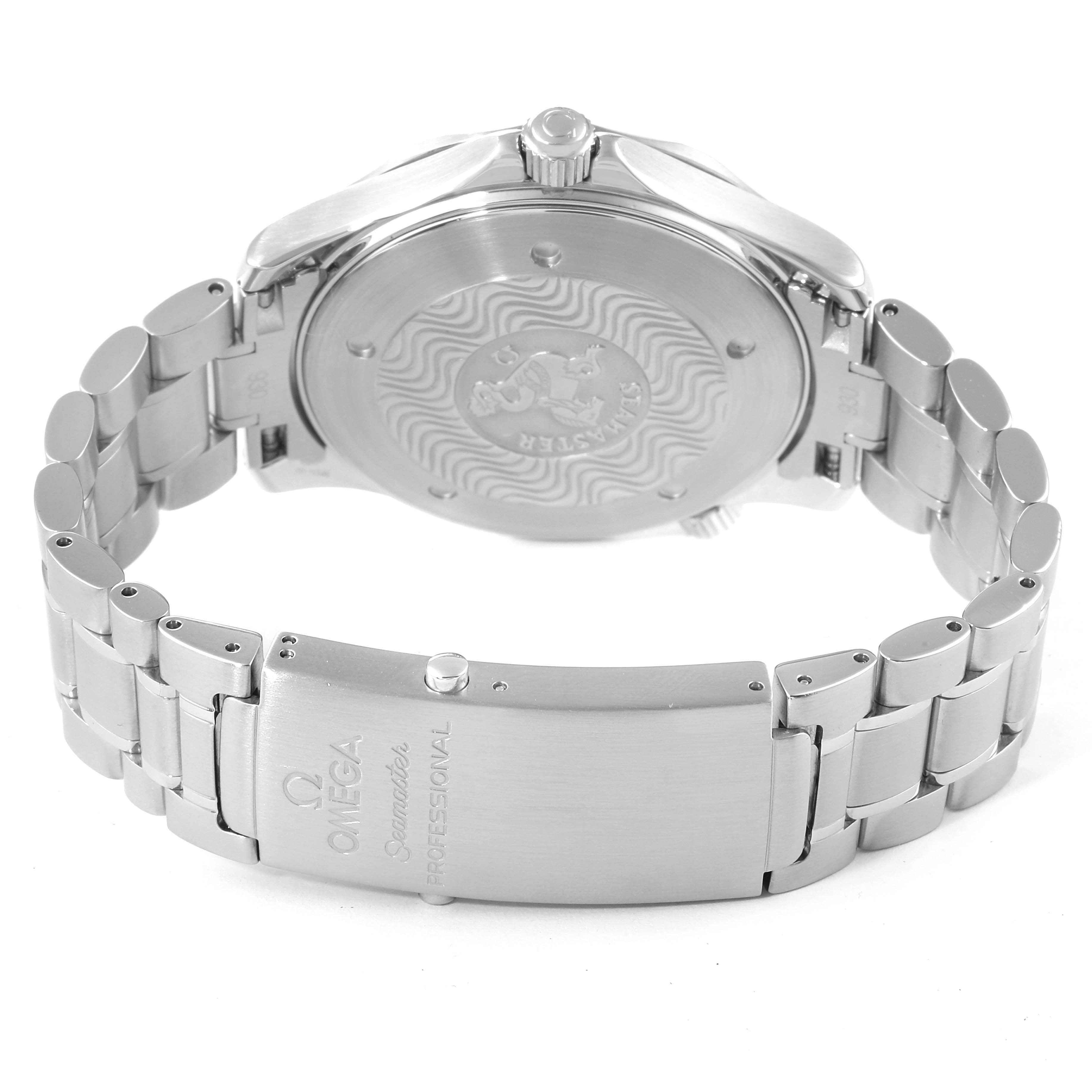 This image shows the back and clasp of an Omega Seamaster 2265.80.00 Men's Stainless Steel Blue Dial 2265.80.00 Men's Stainless Steel Blue Dial watch, featuring its stainless steel bracelet and engraved case back.
