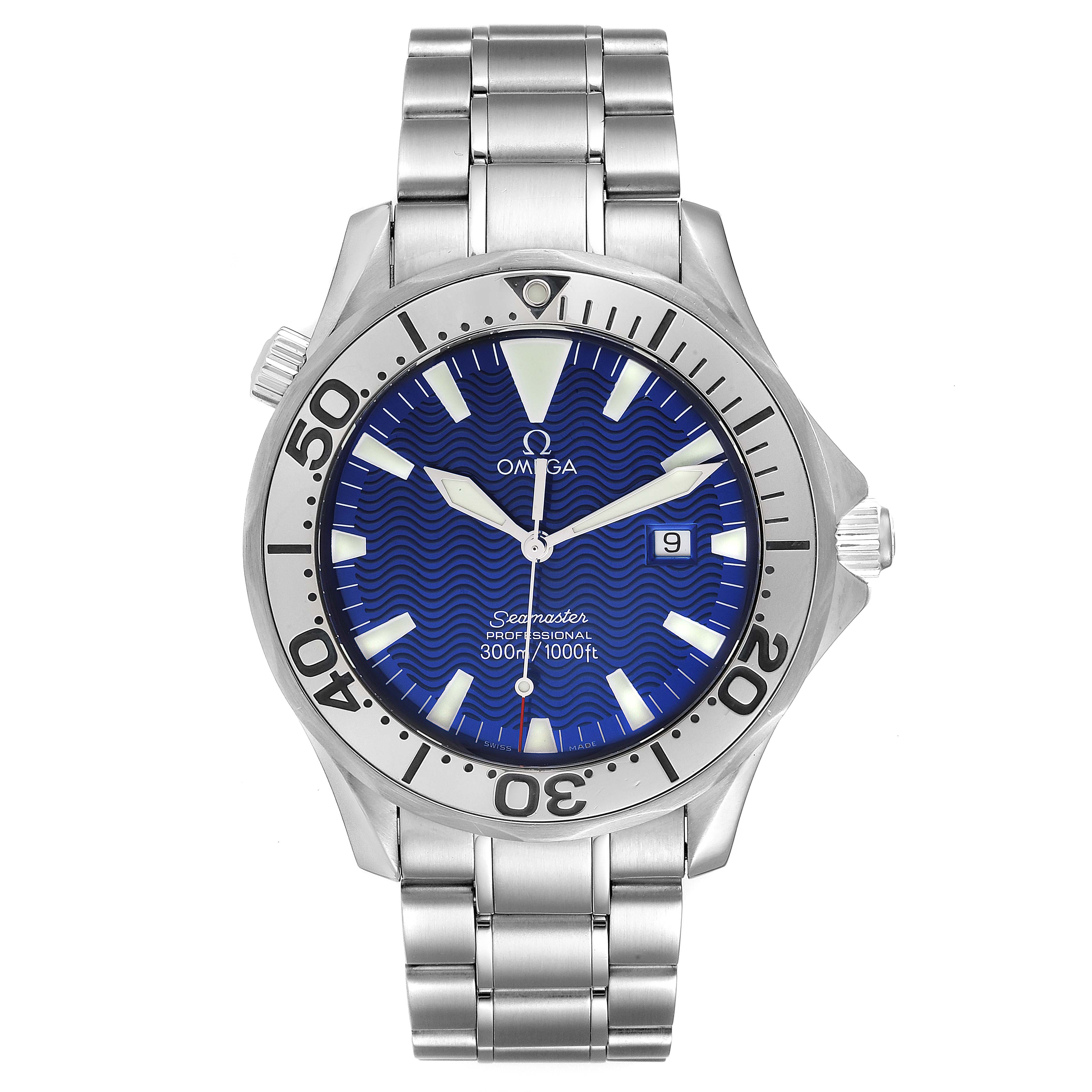 The image shows a frontal view of an Omega Seamaster 2265.80.00 Men's Stainless Steel Blue Dial 2265.80.00 Men's Stainless Steel Blue Dial watch, displaying its face, bezel, and metal bracelet.