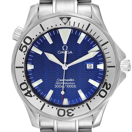 The image shows a frontal view of the Omega Seamaster watch, highlighting its blue dial, date window, and stainless steel bezel and bracelet.