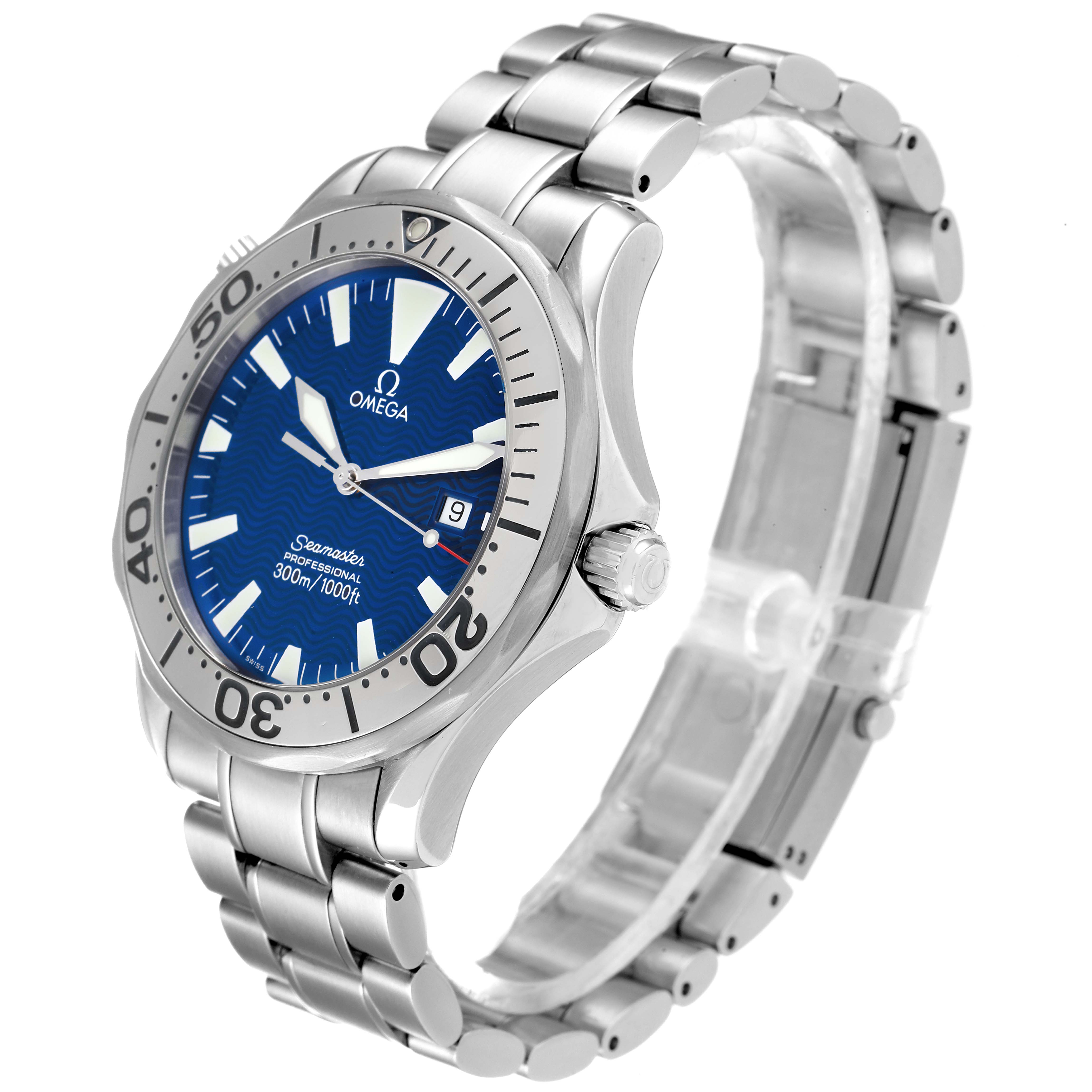 The Omega Seamaster 2265.80.00 Men's Stainless Steel Blue Dial 2265.80.00 Men's Stainless Steel Blue Dial watch is shown at a three-quarter angle highlighting the dial, bezel, crown, and bracelet.