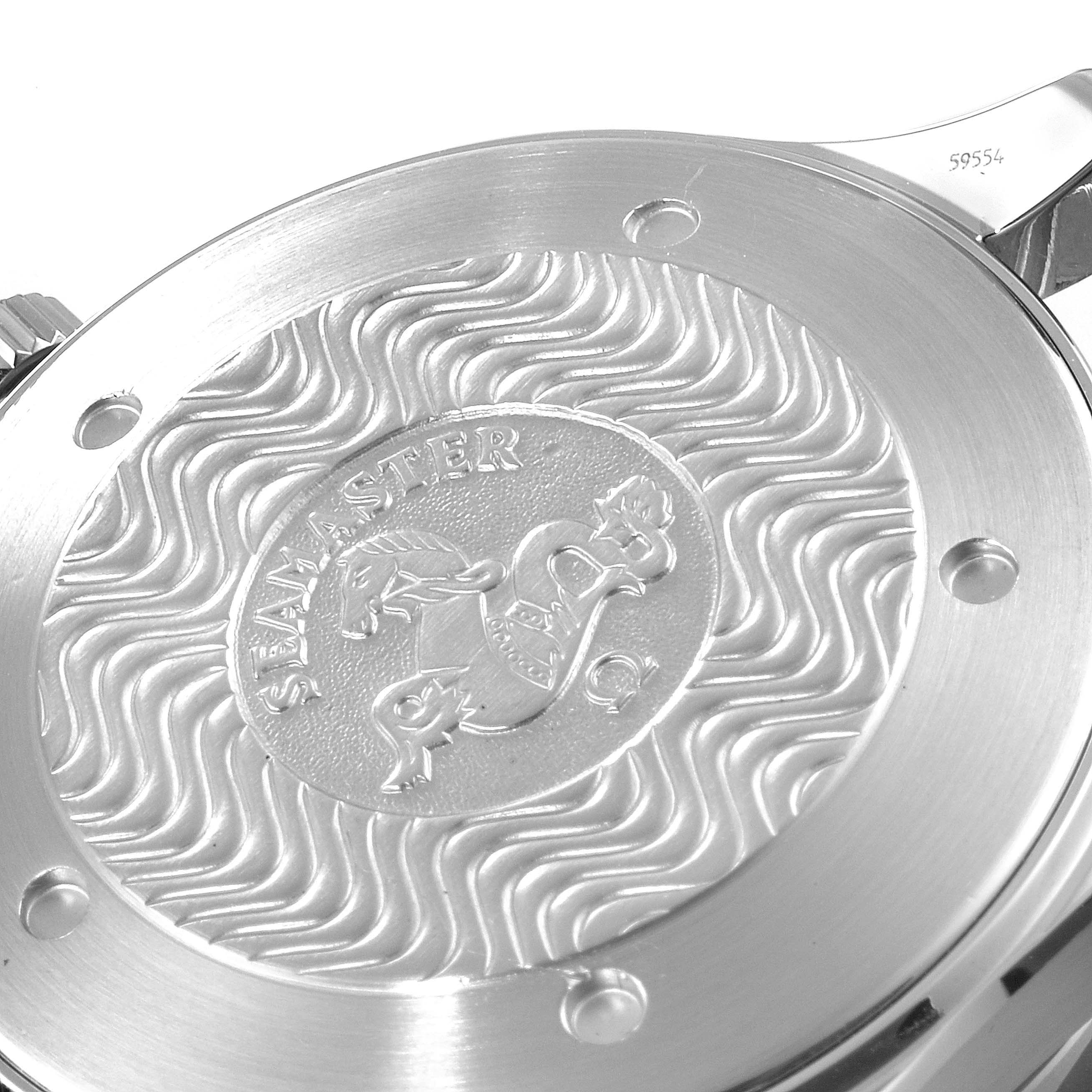 This image shows the back case of the Omega Seamaster 2265.80.00 Men's Stainless Steel Blue Dial 2265.80.00 Men's Stainless Steel Blue Dial watch, highlighting its engraved logo and intricate design.