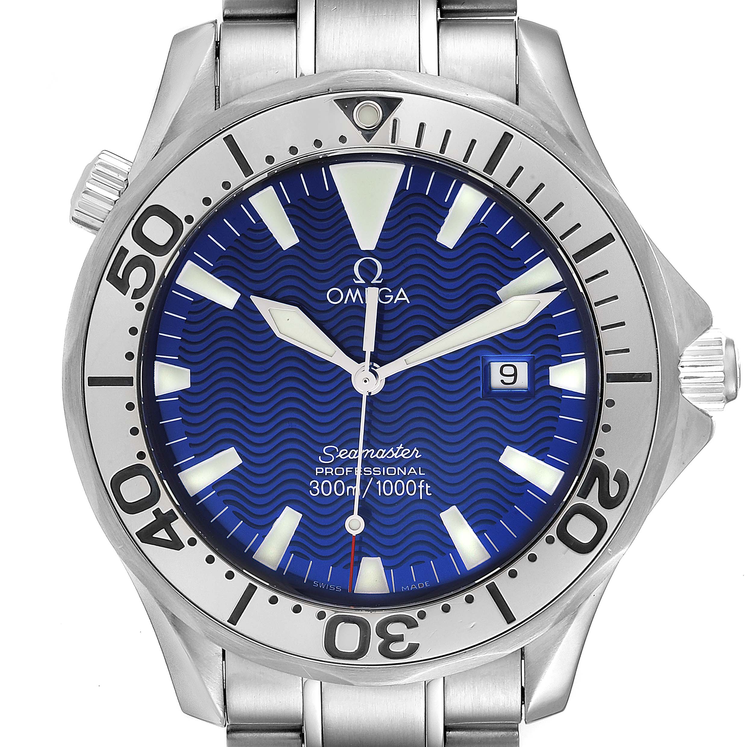 The image shows a front view of the Omega Seamaster 2265.80.00 Men's Stainless Steel Blue Dial 2265.80.00 Men's Stainless Steel Blue Dial watch, highlighting the dial, bezel, and metal bracelet.