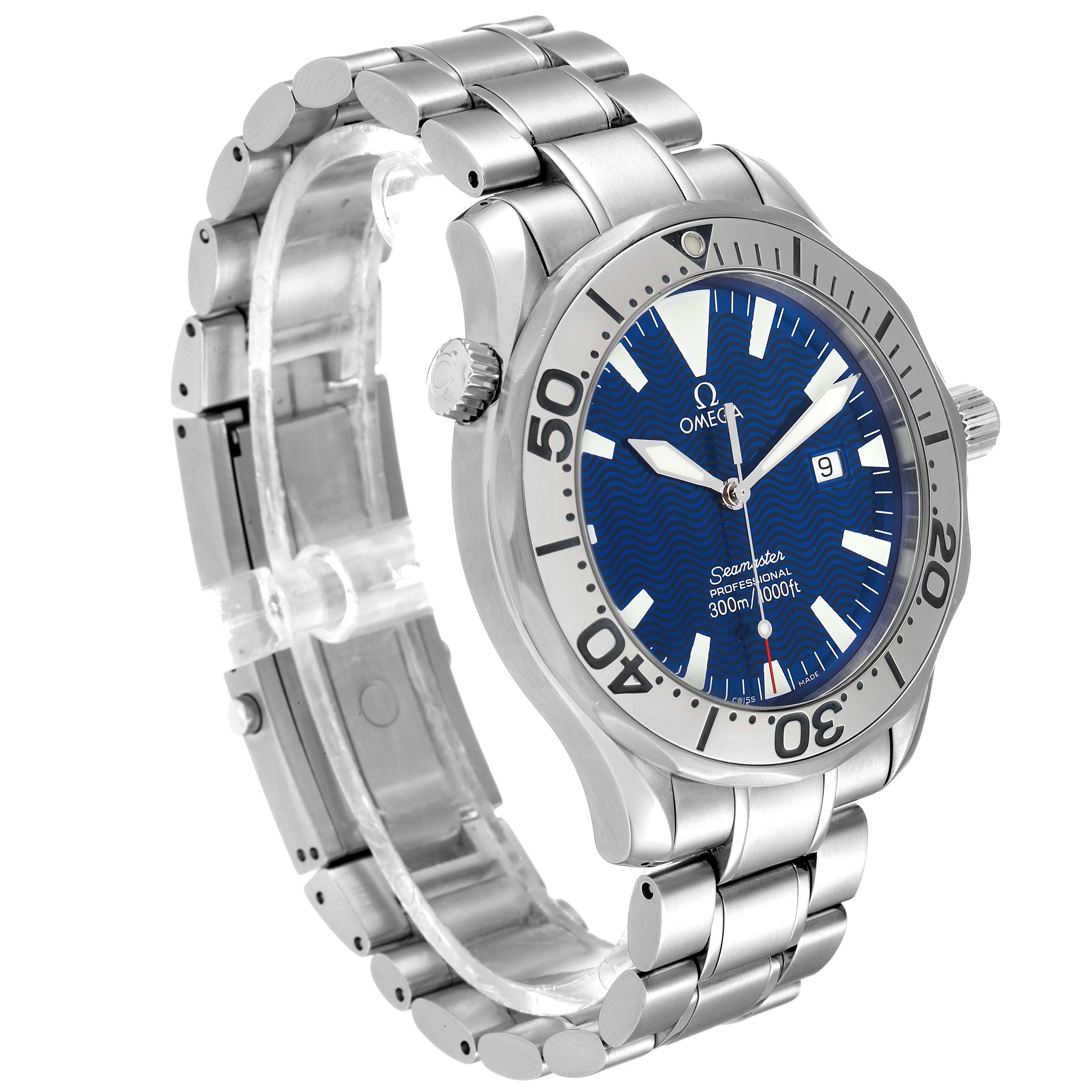 The Omega Seamaster 2265.80.00 Men's Stainless Steel Blue Dial 2265.80.00 Men's Stainless Steel Blue Dial watch is shown at an angled side view, displaying the bracelet, case, crown, and face.