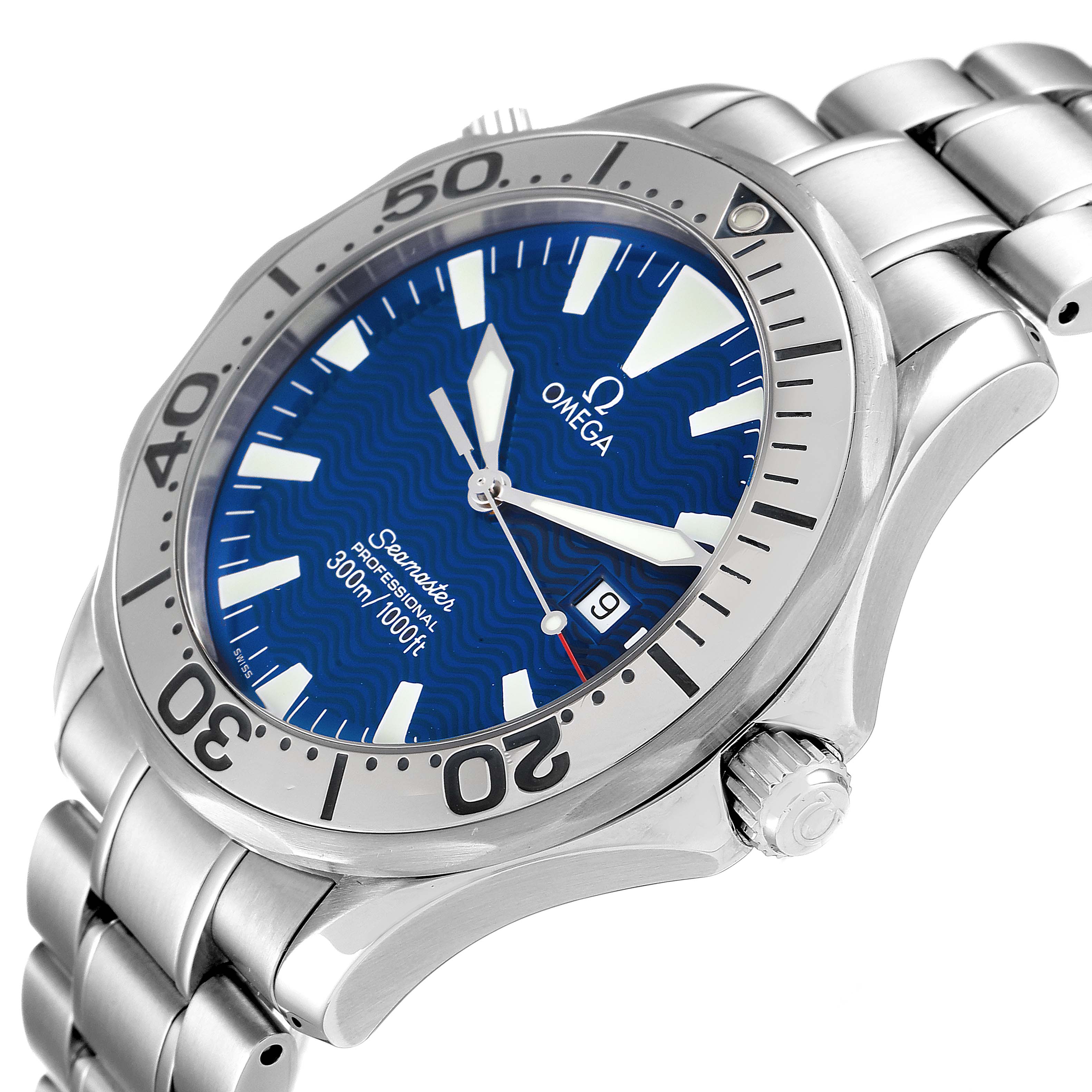 The image shows a side angle of an Omega Seamaster 2265.80.00 Men's Stainless Steel Blue Dial 2265.80.00 Men's Stainless Steel Blue Dial watch, highlighting the face, bezel, crown, and part of the bracelet.