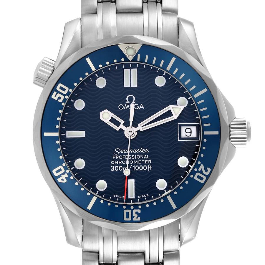 The Omega Seamaster watch is shown from the front, highlighting the face, bezel, and metal bracelet.