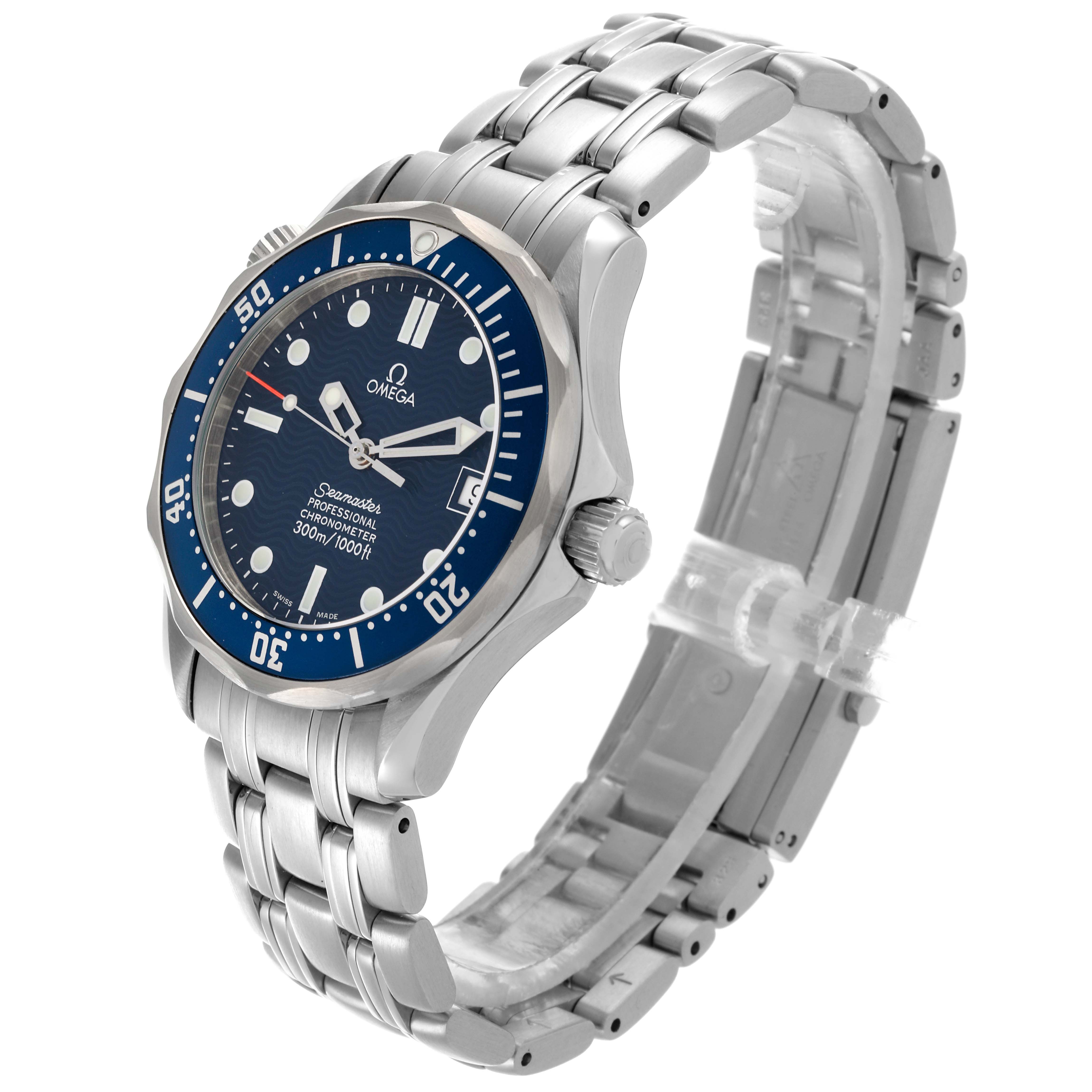The Omega Seamaster 2551.80.00 Men
s Stainless Steel Blue Dial 2551.80.00 Men
s Stainless Steel Blue Dial watch is shown at a slight angle, displaying its face, bezel, crown, and bracelet clearly.
