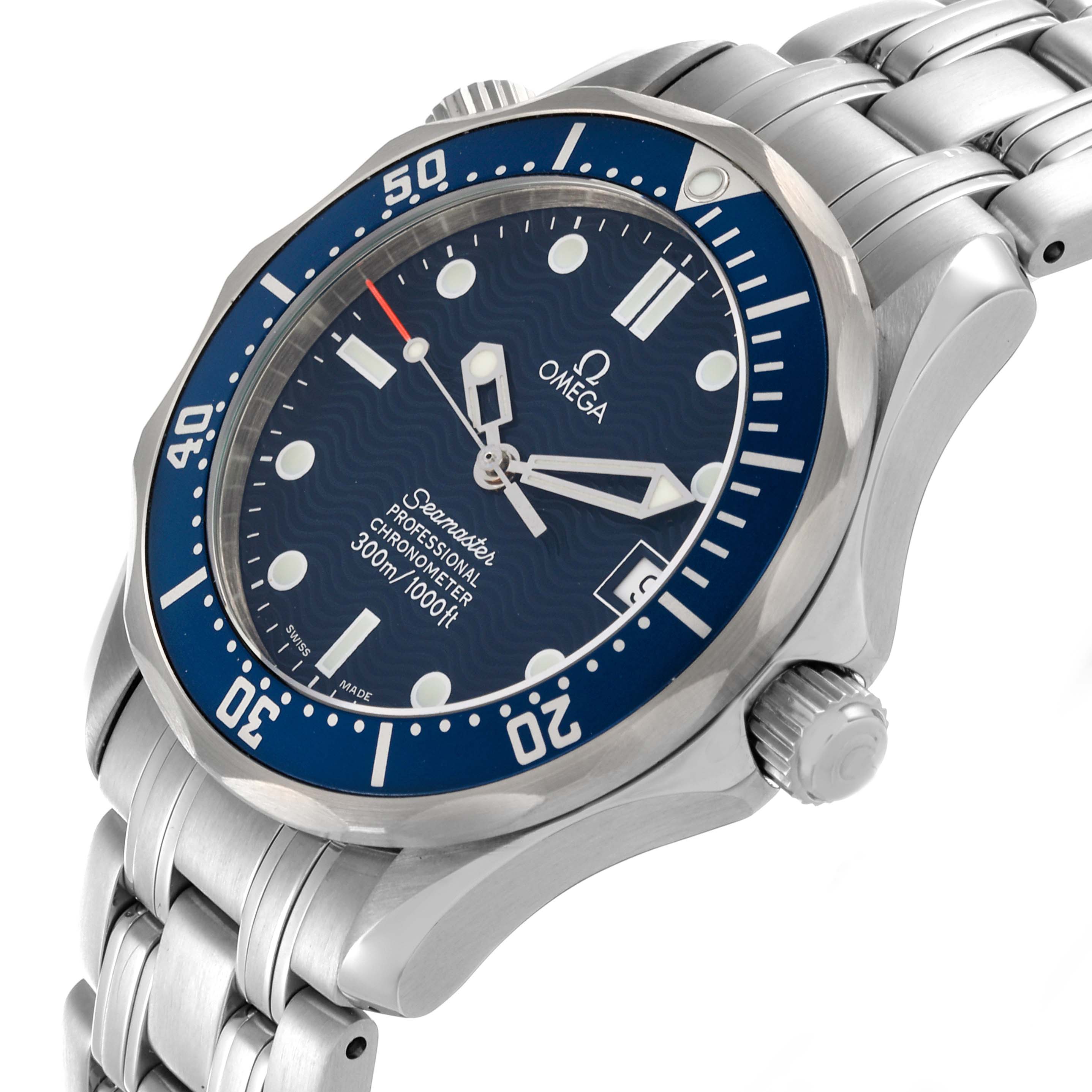 The Omega Seamaster 2551.80.00 Men
s Stainless Steel Blue Dial 2551.80.00 Men
s Stainless Steel Blue Dial watch is shown at an angled close-up, highlighting the dial, bezel, crown, and bracelet.