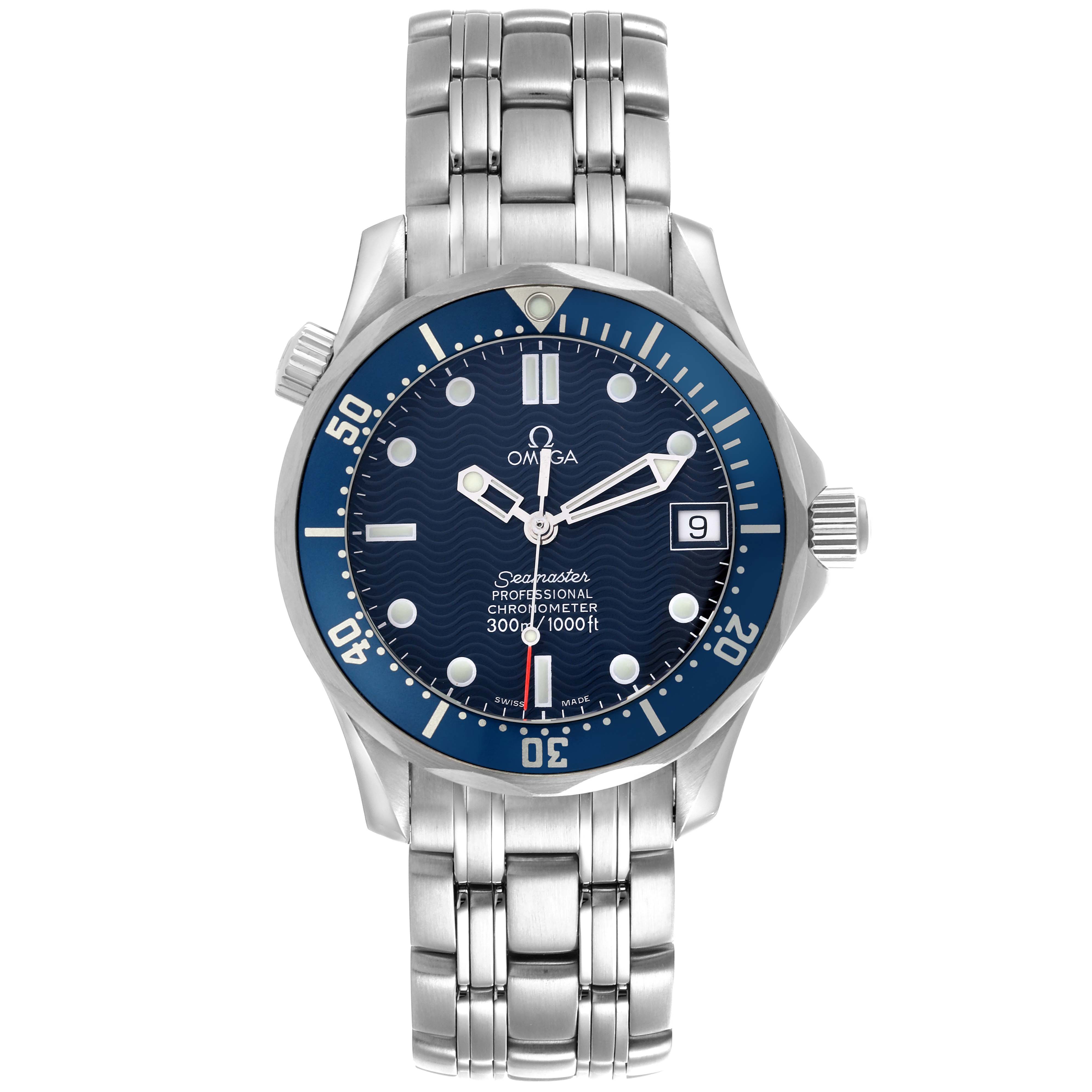 The Omega Seamaster 2551.80.00 Men
s Stainless Steel Blue Dial 2551.80.00 Men
s Stainless Steel Blue Dial watch is shown from a front angle, displaying the bracelet, dial, bezel, and crown.