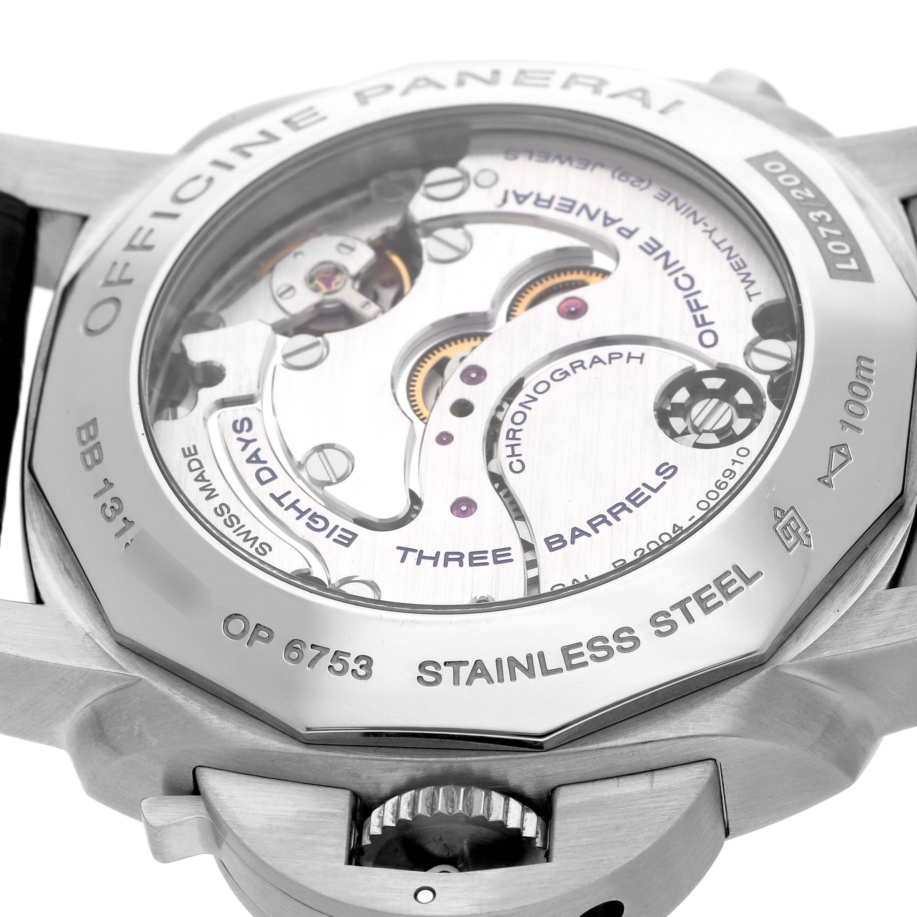 The image shows the back of the Panerai Luminor PAM00275 Men's Stainless Steel Black Dial watch, highlighting its movement and stainless steel case details.