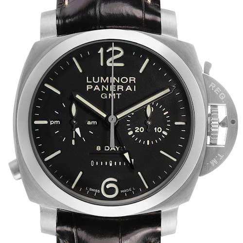 The Panerai Luminor PAM00275 Men's Stainless Steel Black Dial model is shown from a front angle, displaying the dial, case, crown protection, and leather strap.