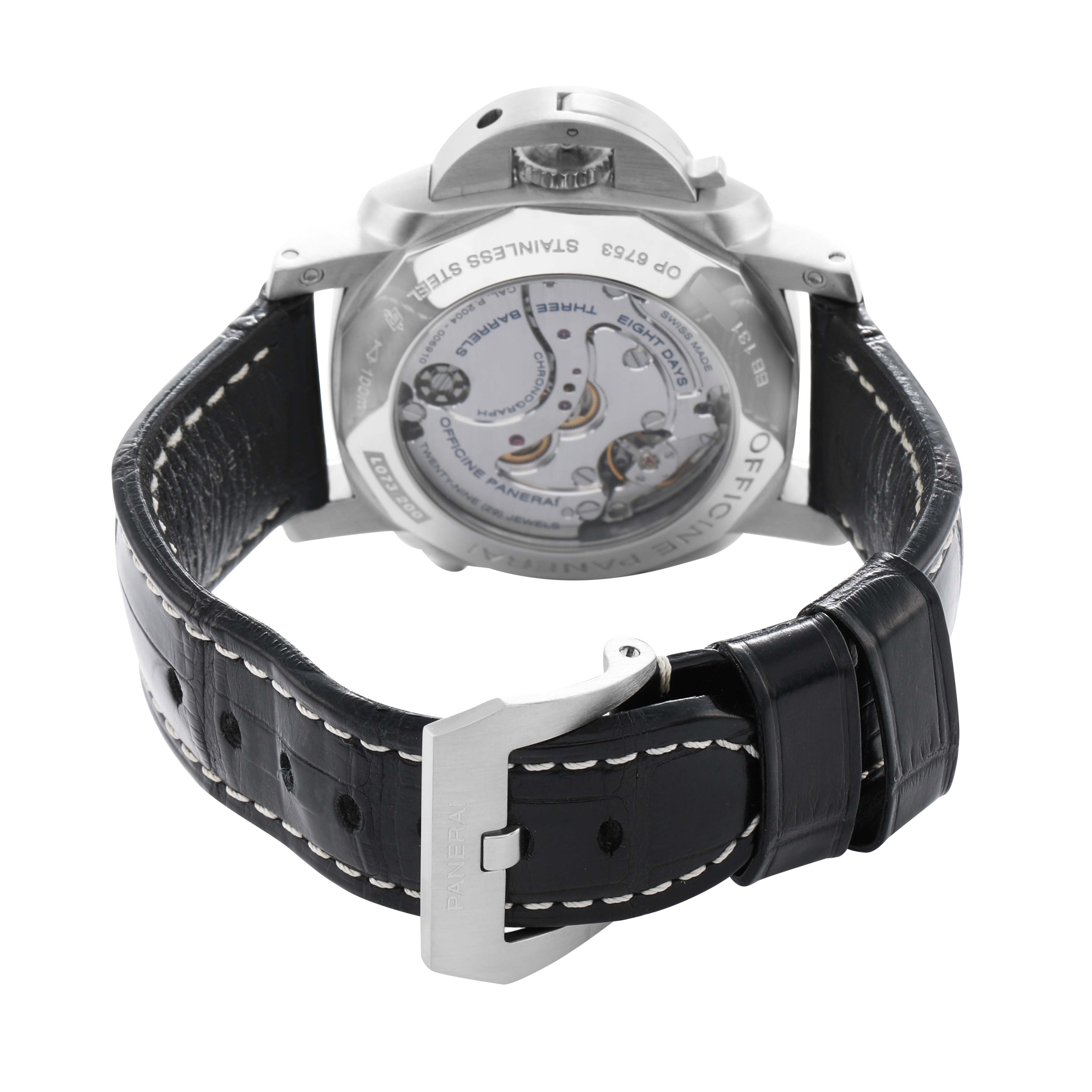 The image shows a rear view of the Panerai Luminor PAM00275 Men's Stainless Steel Black Dial watch, highlighting the exposed movement and the leather strap with buckle.