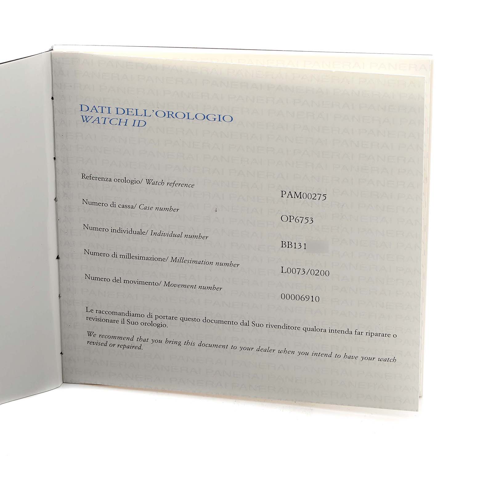 The image shows the documentation for a Panerai Luminor PAM00275 Men's Stainless Steel Black Dial watch model, with details like the watch reference, case, and movement numbers.