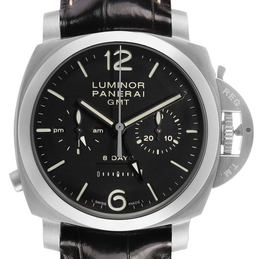 The Panerai Luminor PAM00275 Men's Stainless Steel Black Dial watch is shown from the front, displaying its dial, hands, and prominent crown guard.