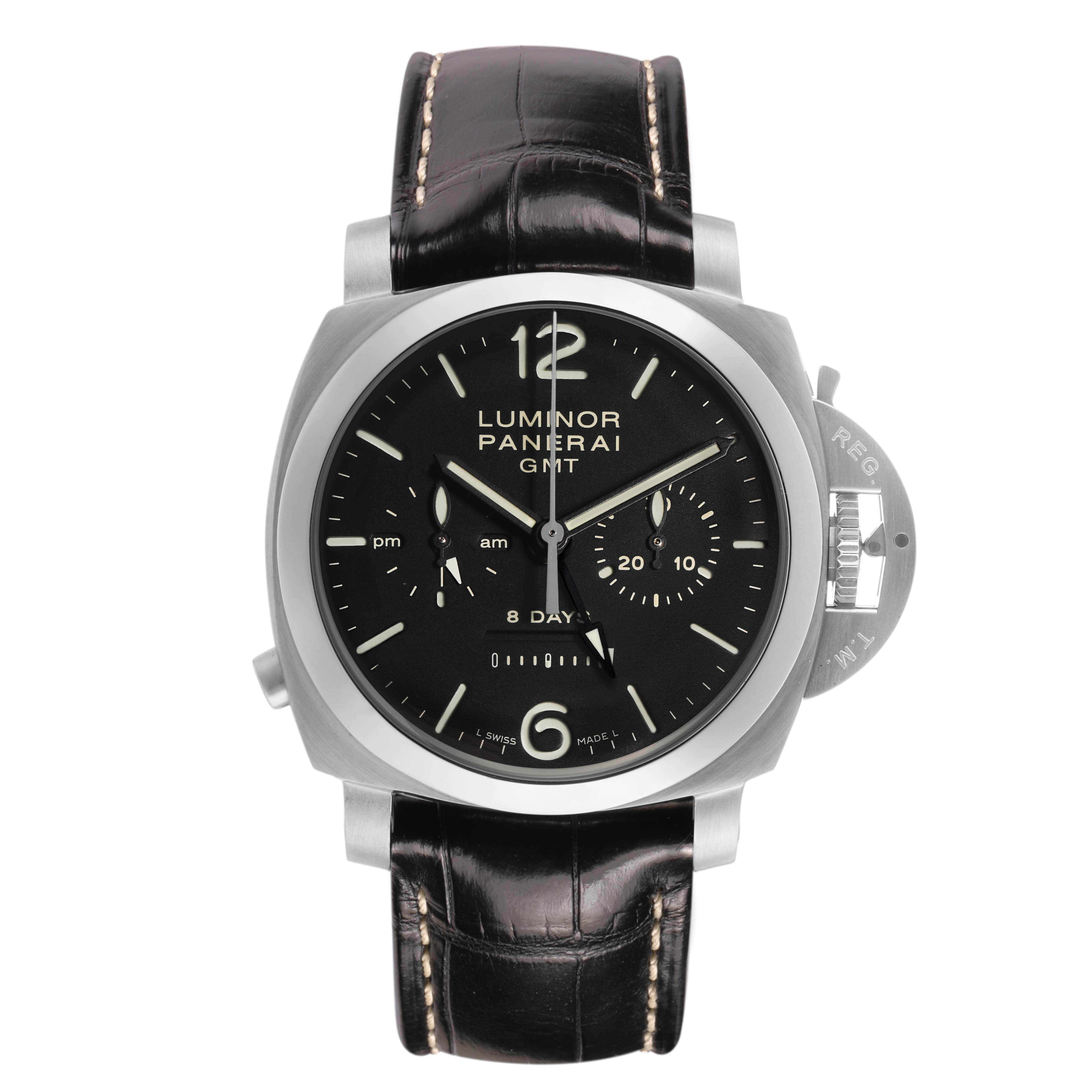 The Panerai Luminor PAM00275 Men's Stainless Steel Black Dial watch is shown from a front angle, displaying the dial, watch case, crown guard, and leather strap.