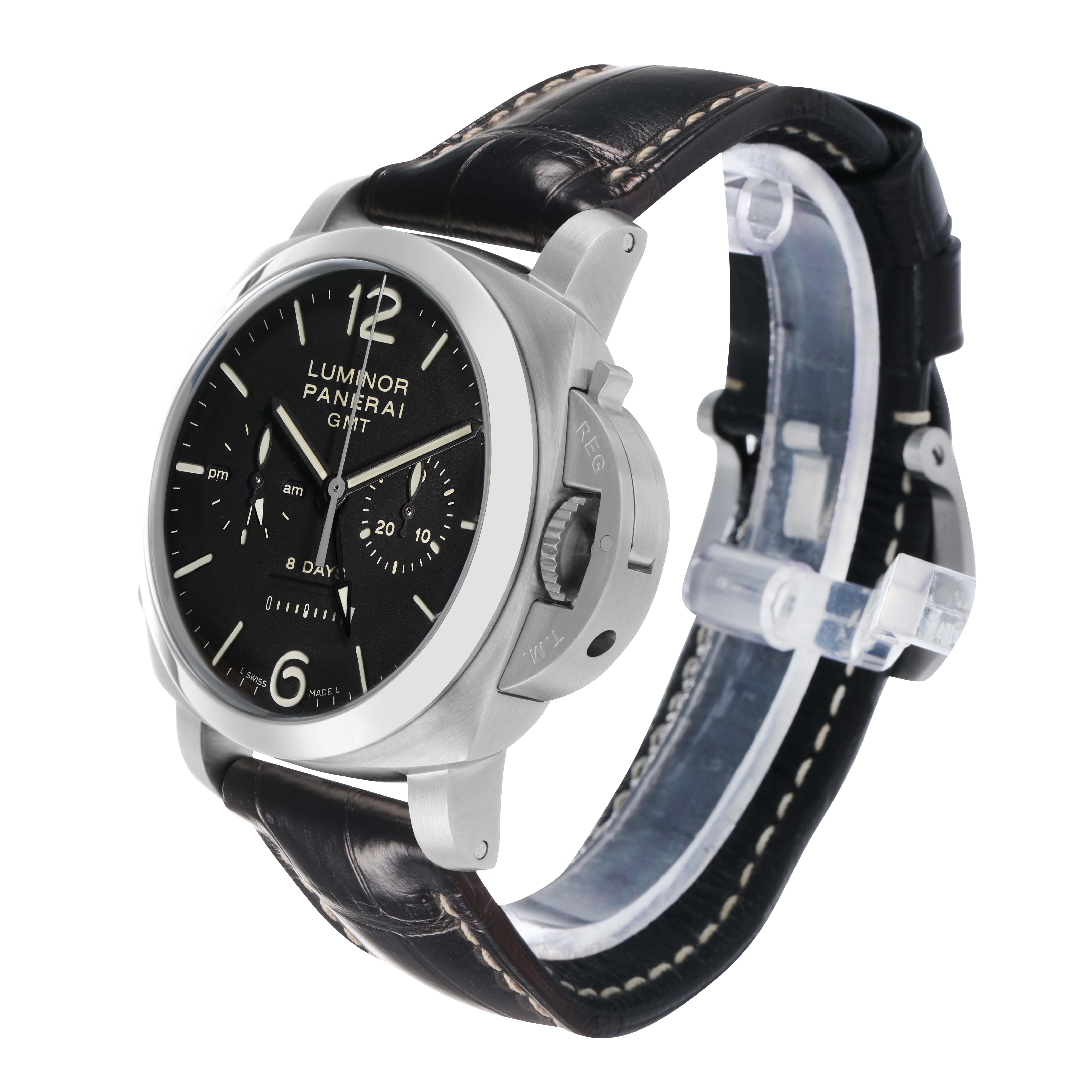 The Panerai Luminor PAM00275 Men's Stainless Steel Black Dial model is shown at a three-quarter angle, featuring the watch face, crown guard, and leather strap.