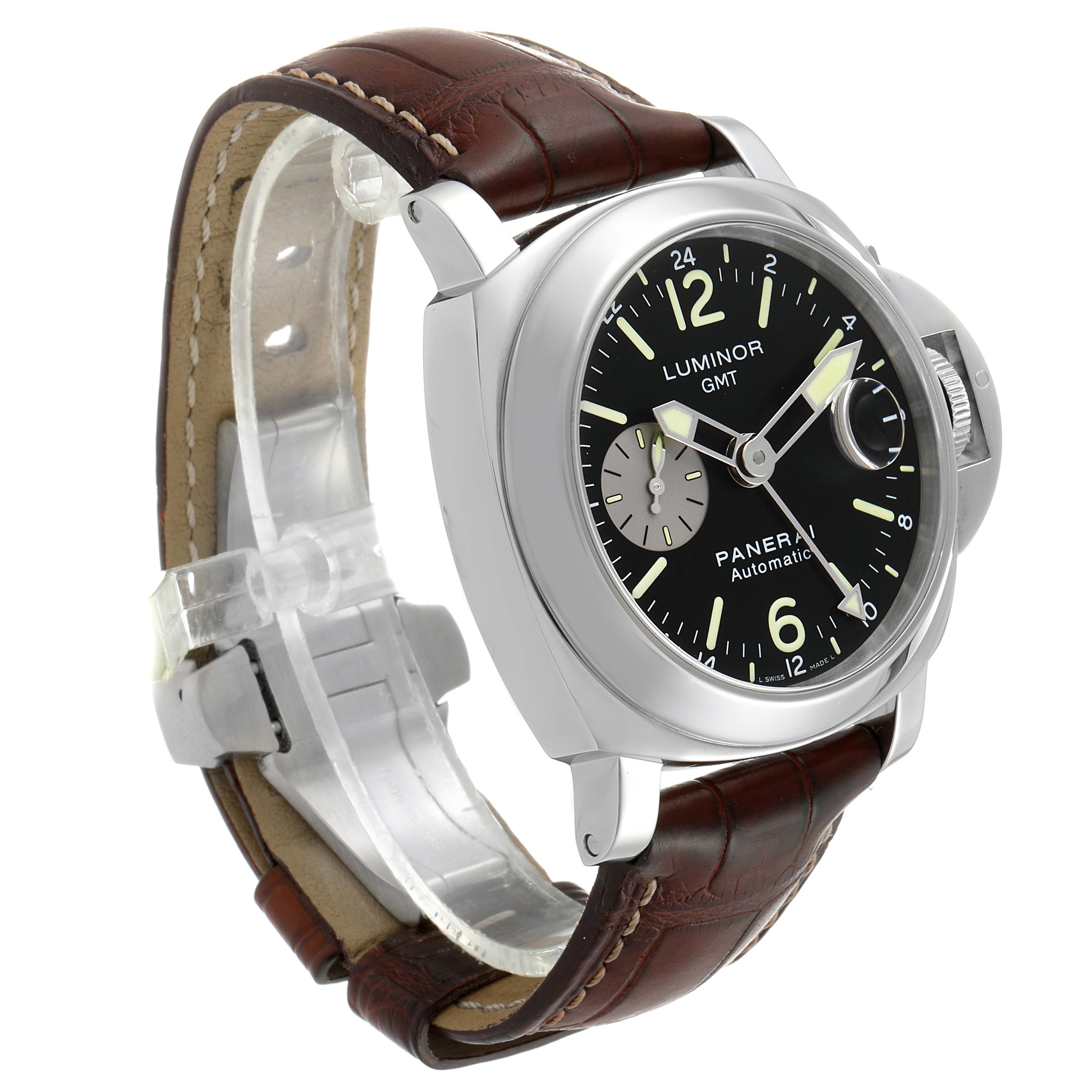 This Panerai Luminor PAM00088 Men
s Stainless Steel Black Dial PAM00088 Men
s Stainless Steel Black Dial model is shown at a three-quarter angle emphasizing the dial, case, and brown leather strap.