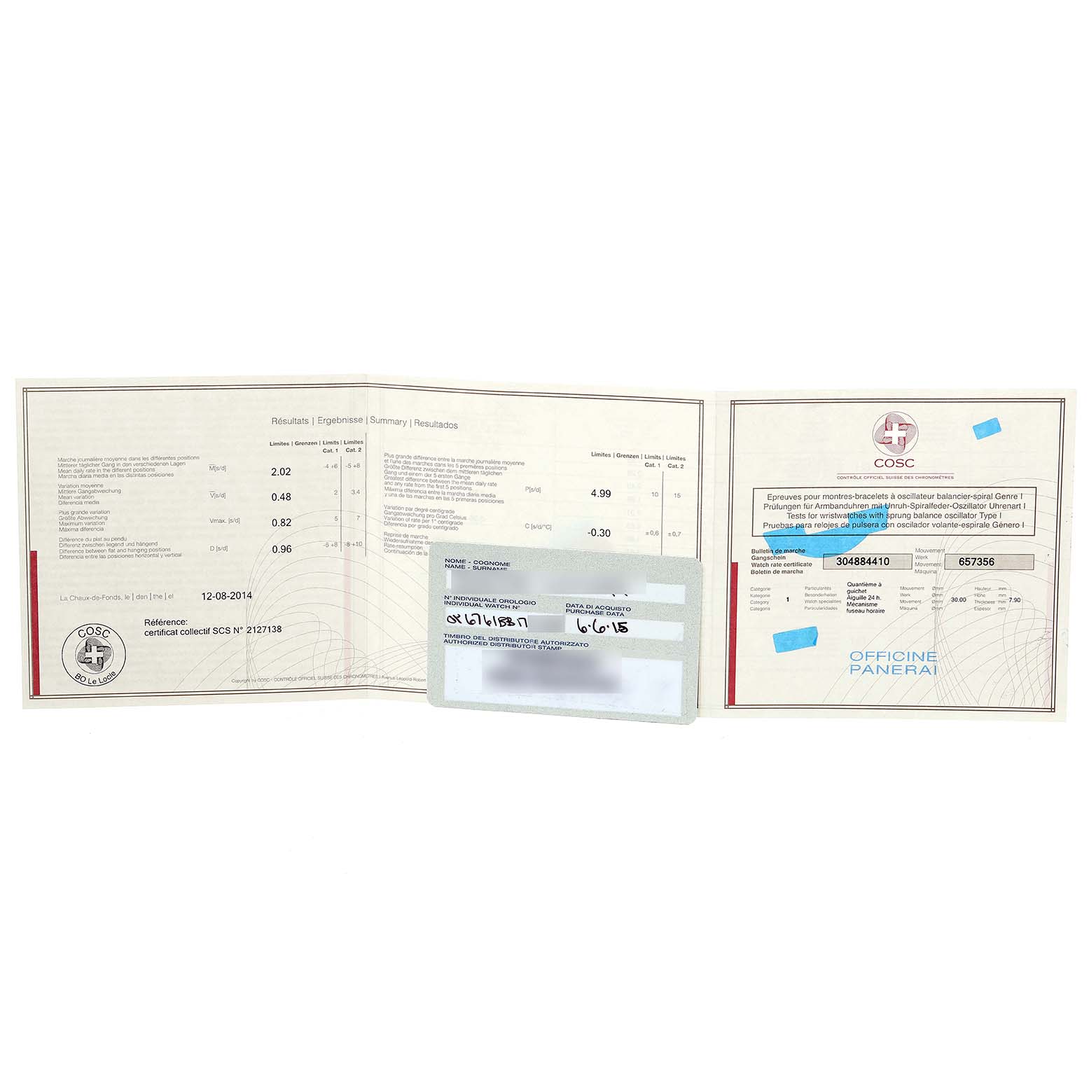 The image shows official papers and a warranty card for the Panerai Luminor PAM00088 Men
s Stainless Steel Black Dial PAM00088 Men
s Stainless Steel Black Dial model, laid flat and open.