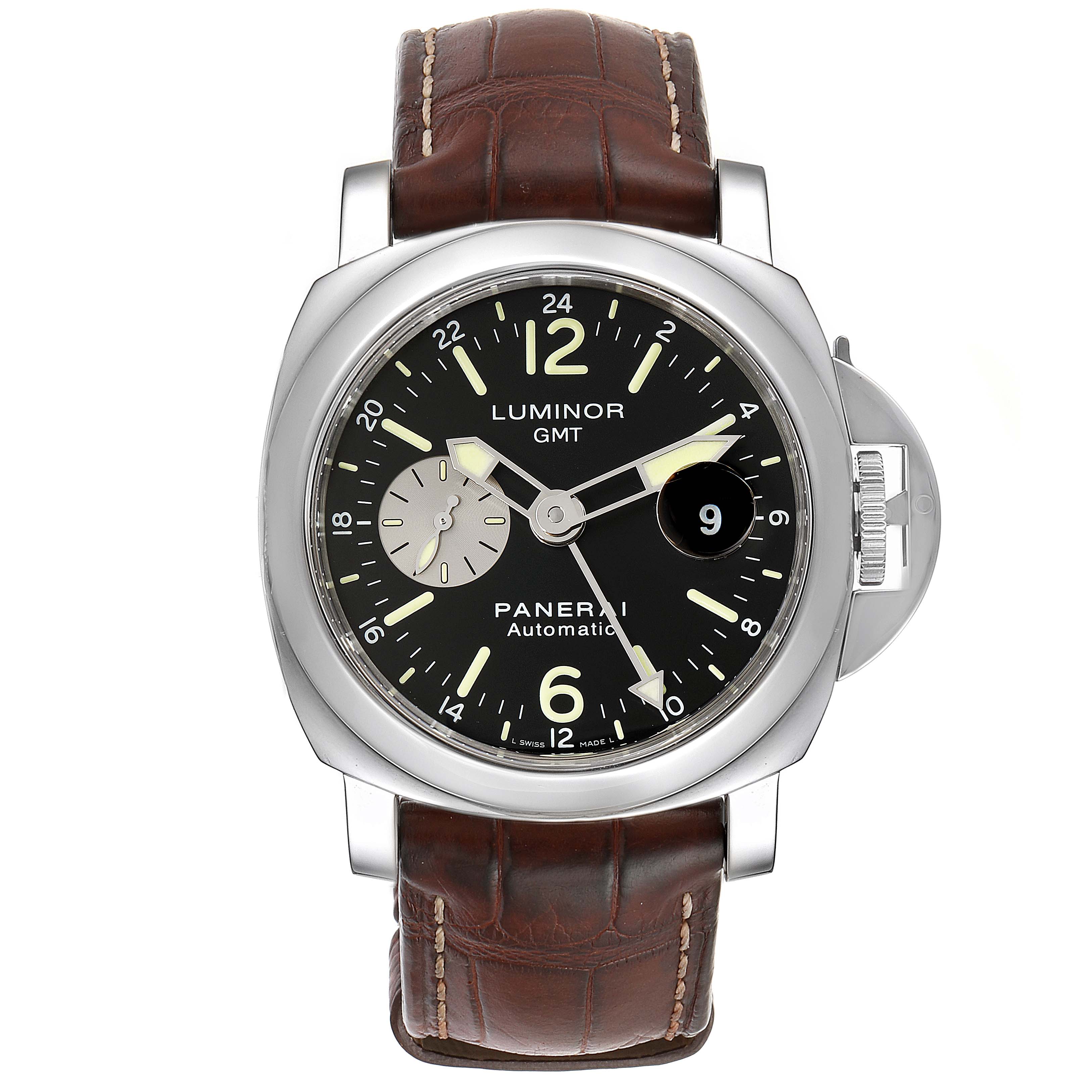 The image shows a Panerai Luminor PAM00088 Men
s Stainless Steel Black Dial PAM00088 Men
s Stainless Steel Black Dial model watch from a front angle, displaying the dial, case, and leather strap.