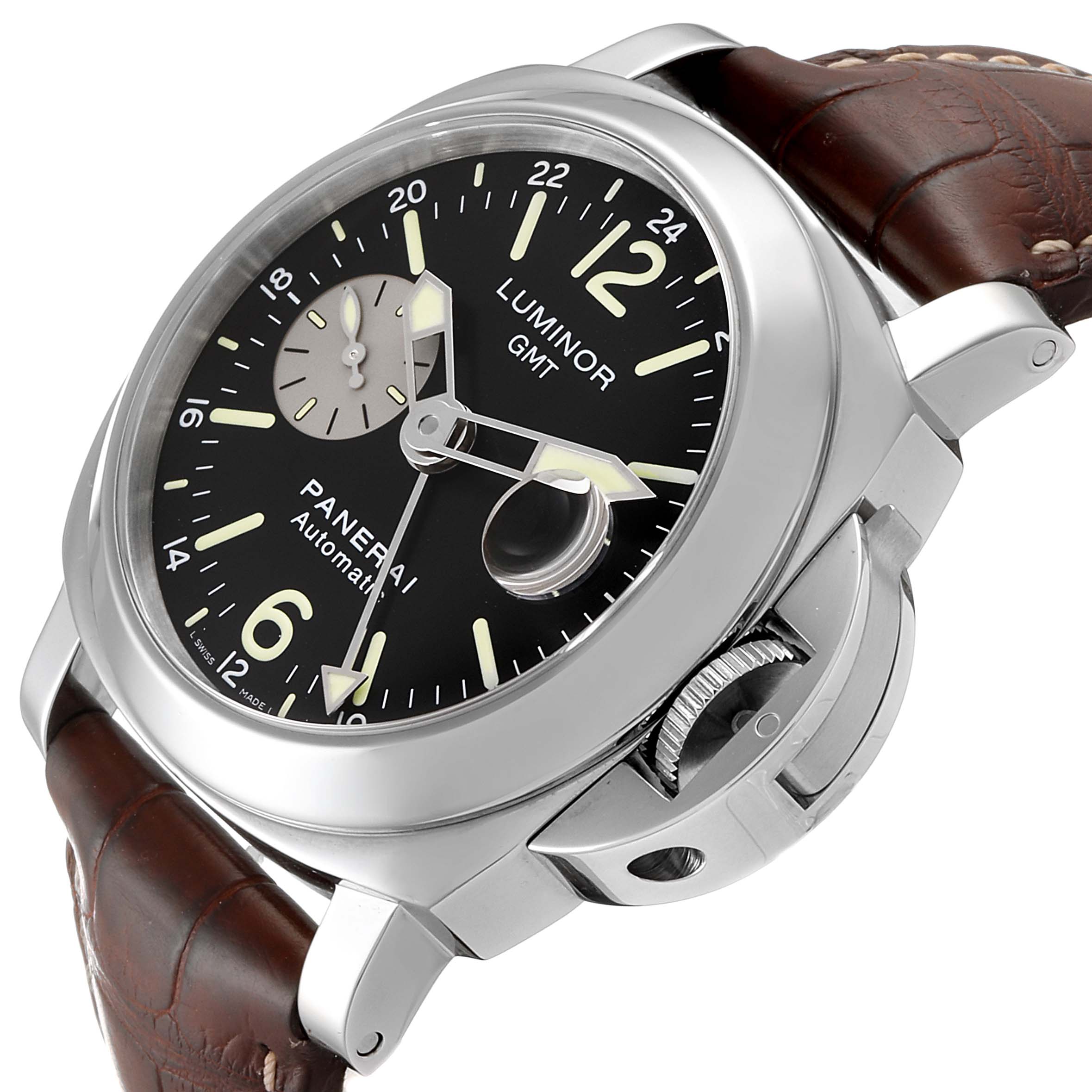 The Panerai Luminor PAM00088 Men
s Stainless Steel Black Dial PAM00088 Men
s Stainless Steel Black Dial watch is shown at a slight angle, highlighting the dial, crown guard, and brown leather strap.
