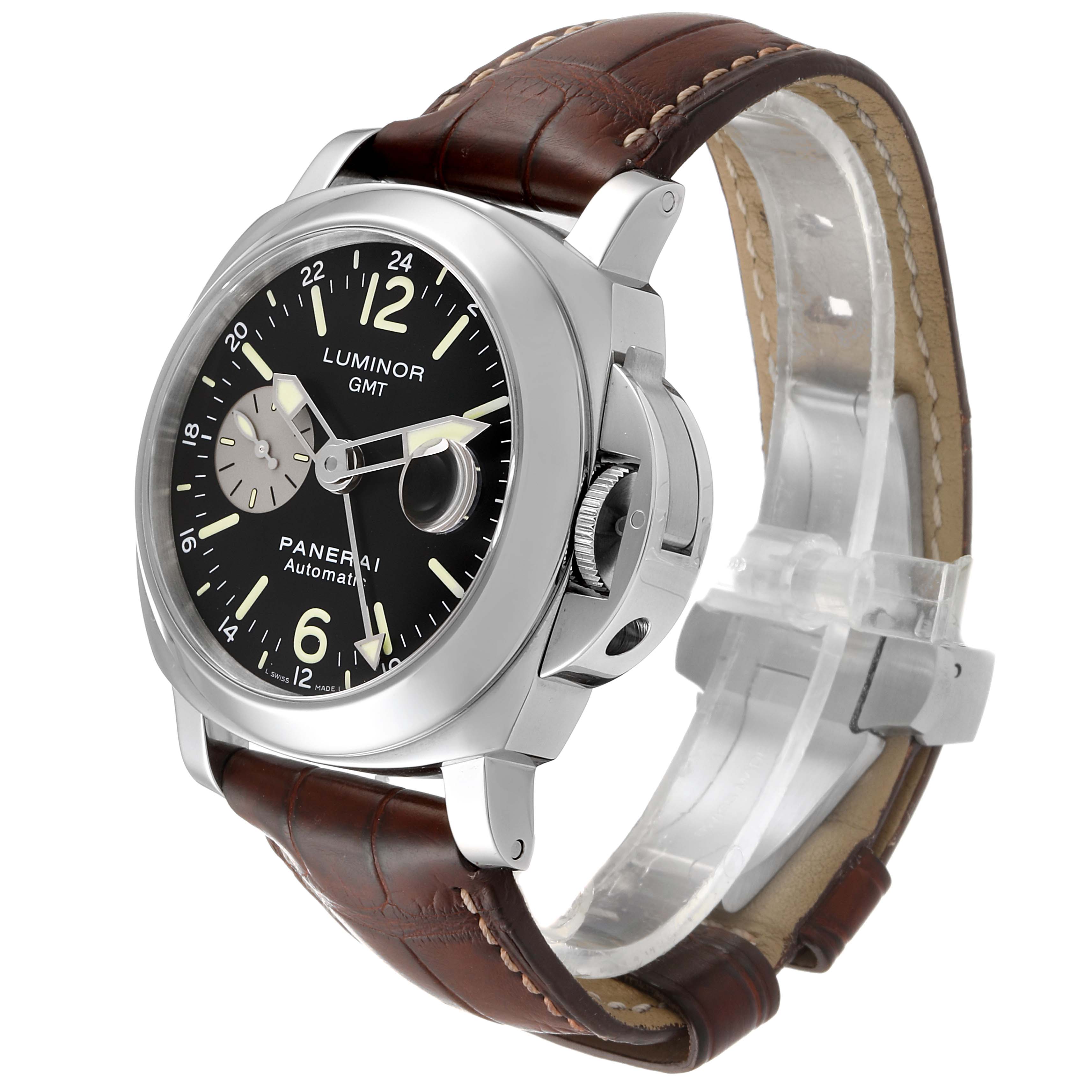 The image shows a Panerai Luminor PAM00088 Men
s Stainless Steel Black Dial PAM00088 Men
s Stainless Steel Black Dial watch from a three-quarter front angle with a brown leather strap and black dial.