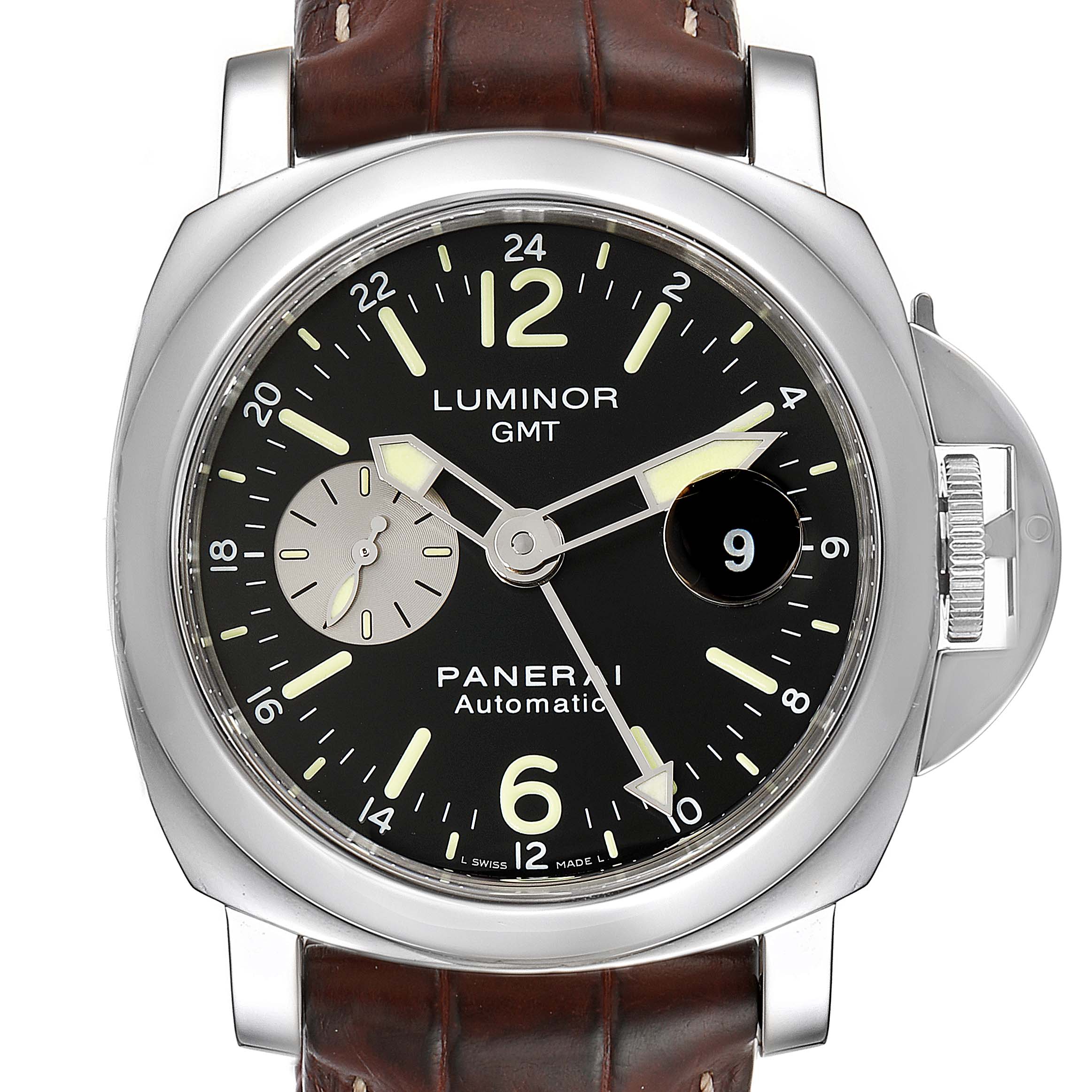 This image shows a front view of the Panerai Luminor PAM00088 Men
s Stainless Steel Black Dial PAM00088 Men
s Stainless Steel Black Dial GMT watch, highlighting the dial, hands, and bezel.