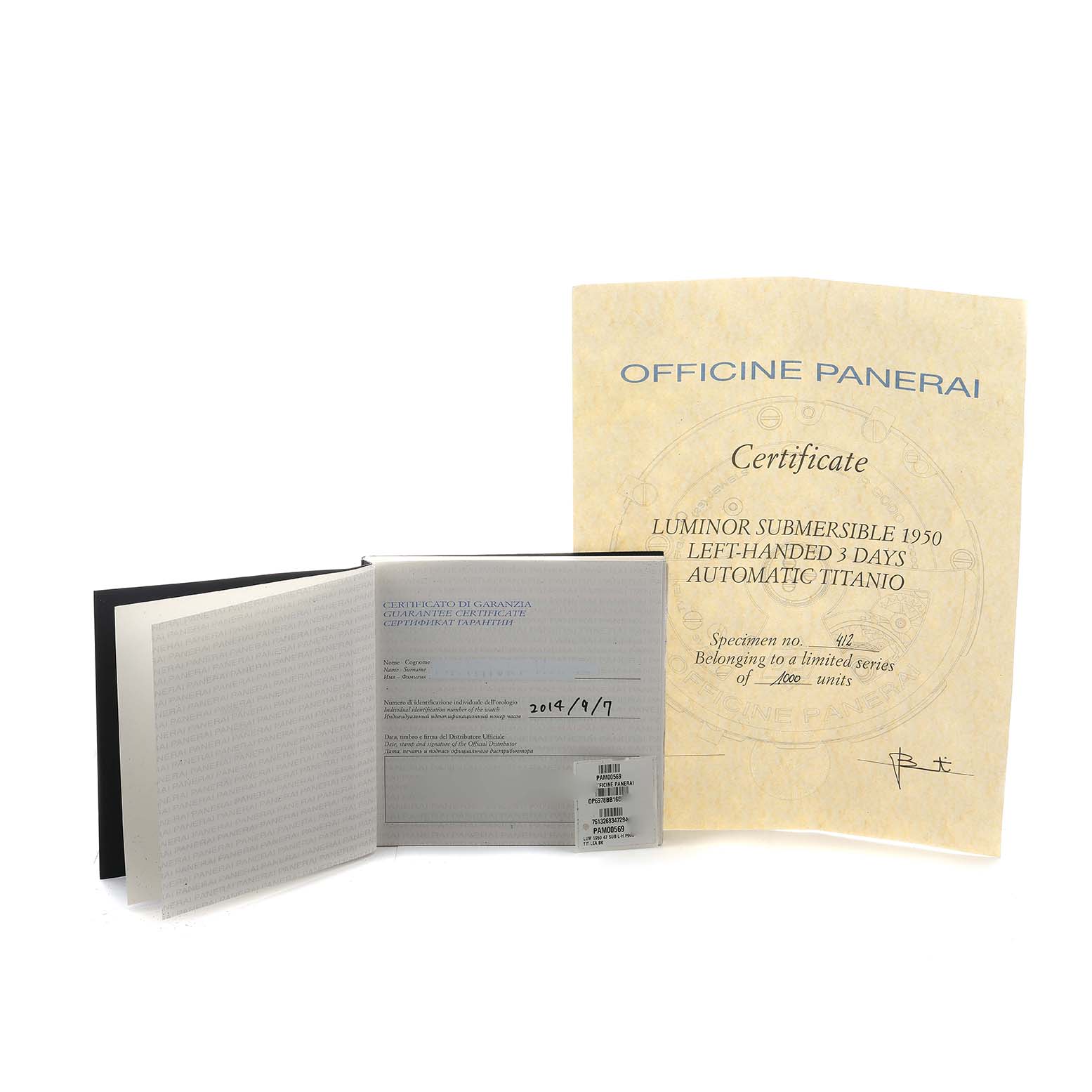 The image shows a certificate and a warranty booklet for a Panerai Luminor PAM00569 Men's Titanium Black Dial model watch.