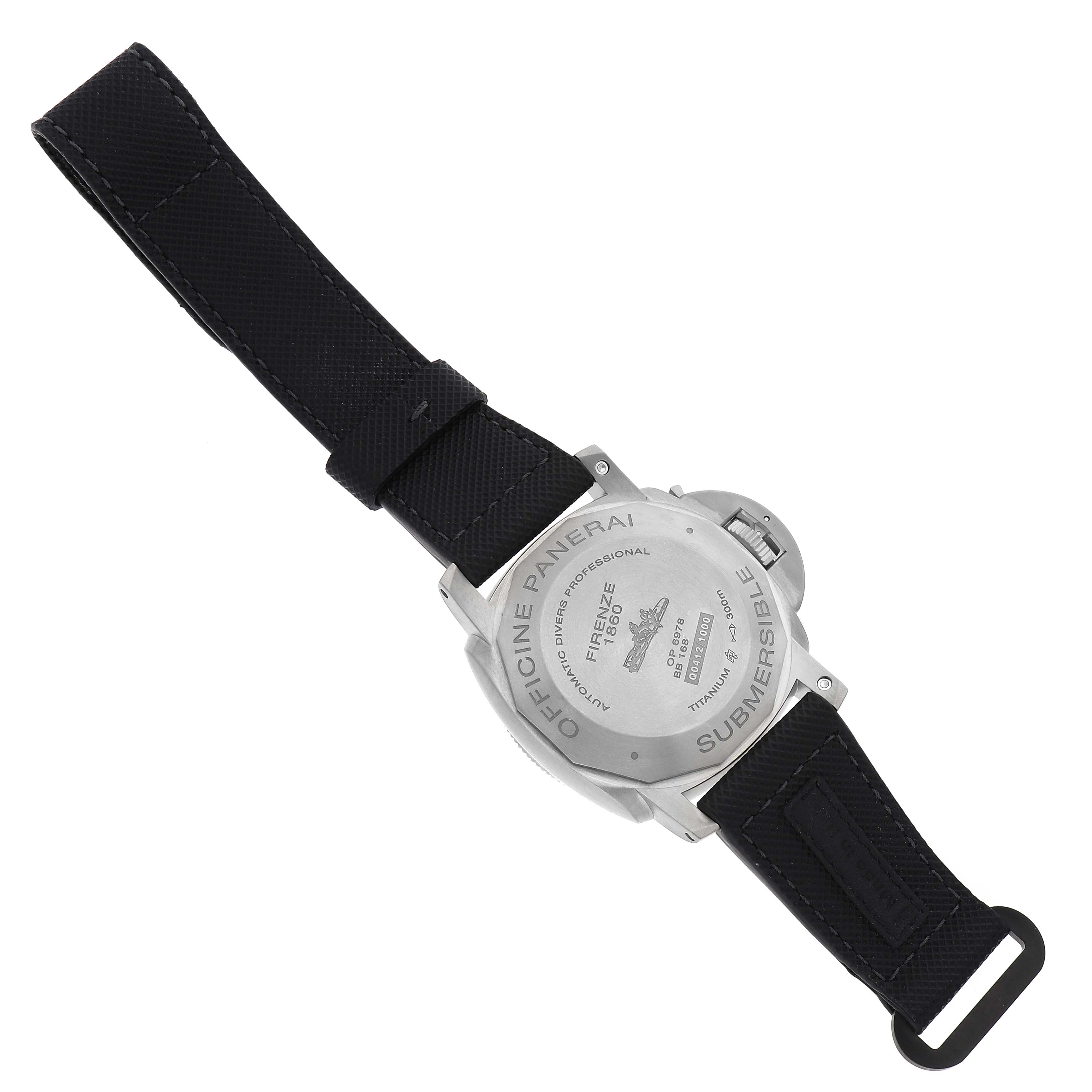 The image shows the back of a Panerai Luminor PAM00569 Men's Titanium Black Dial watch, highlighting the case back and strap attachment.