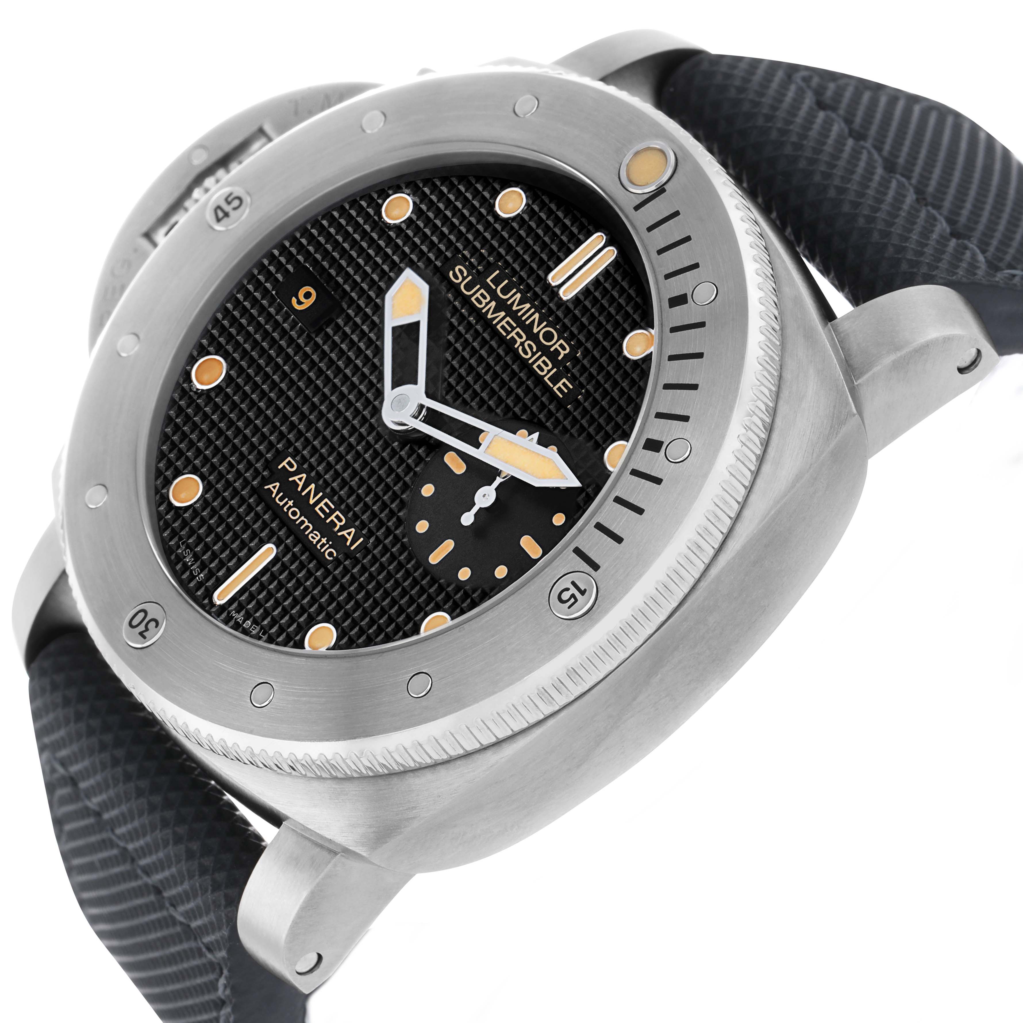 The Panerai Luminor PAM00569 Men's Titanium Black Dial watch is shown at an angled side view, highlighting the bezel, dial, crown, and strap.