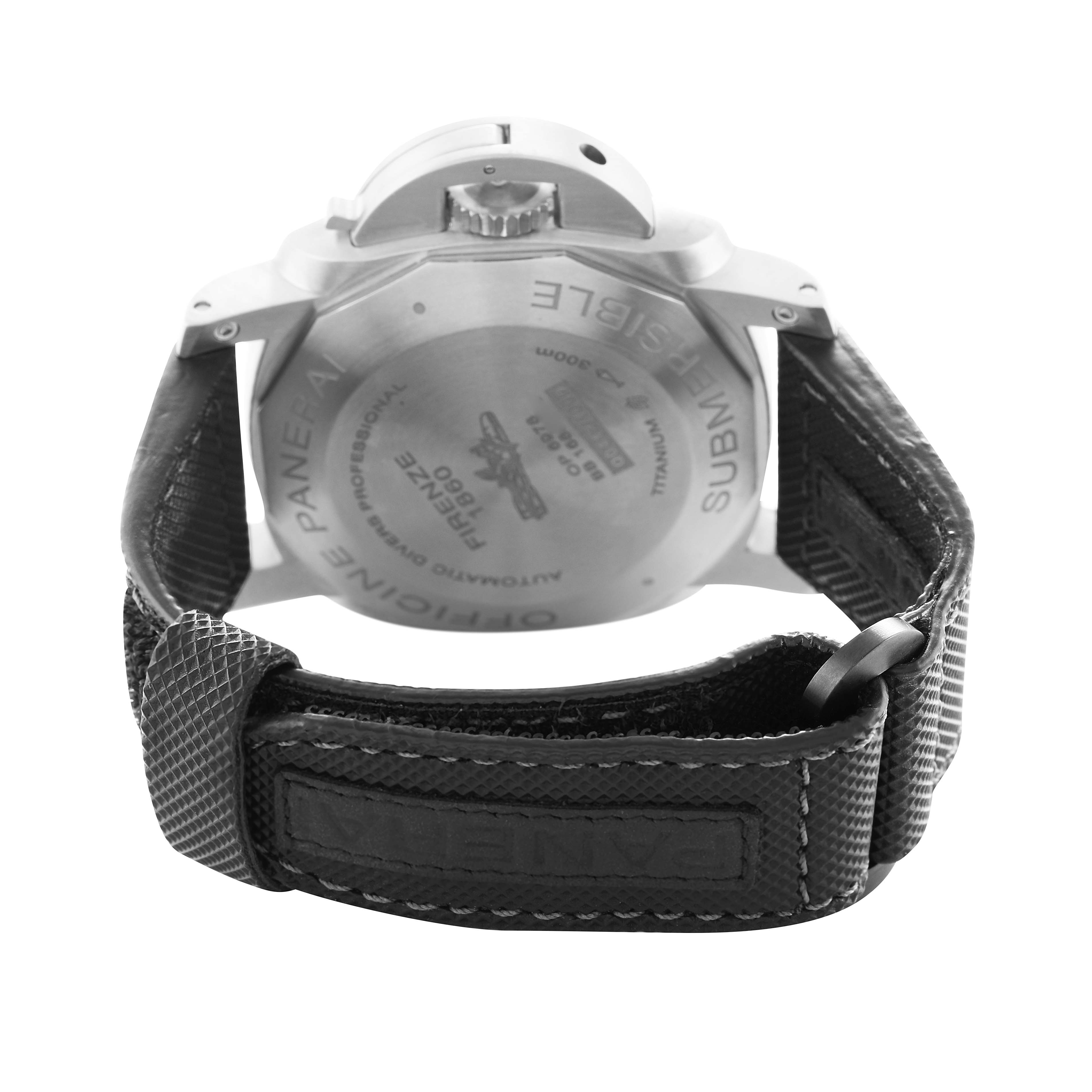 The image shows the back view of a Panerai Luminor PAM00569 Men's Titanium Black Dial watch, highlighting the case back and strap.