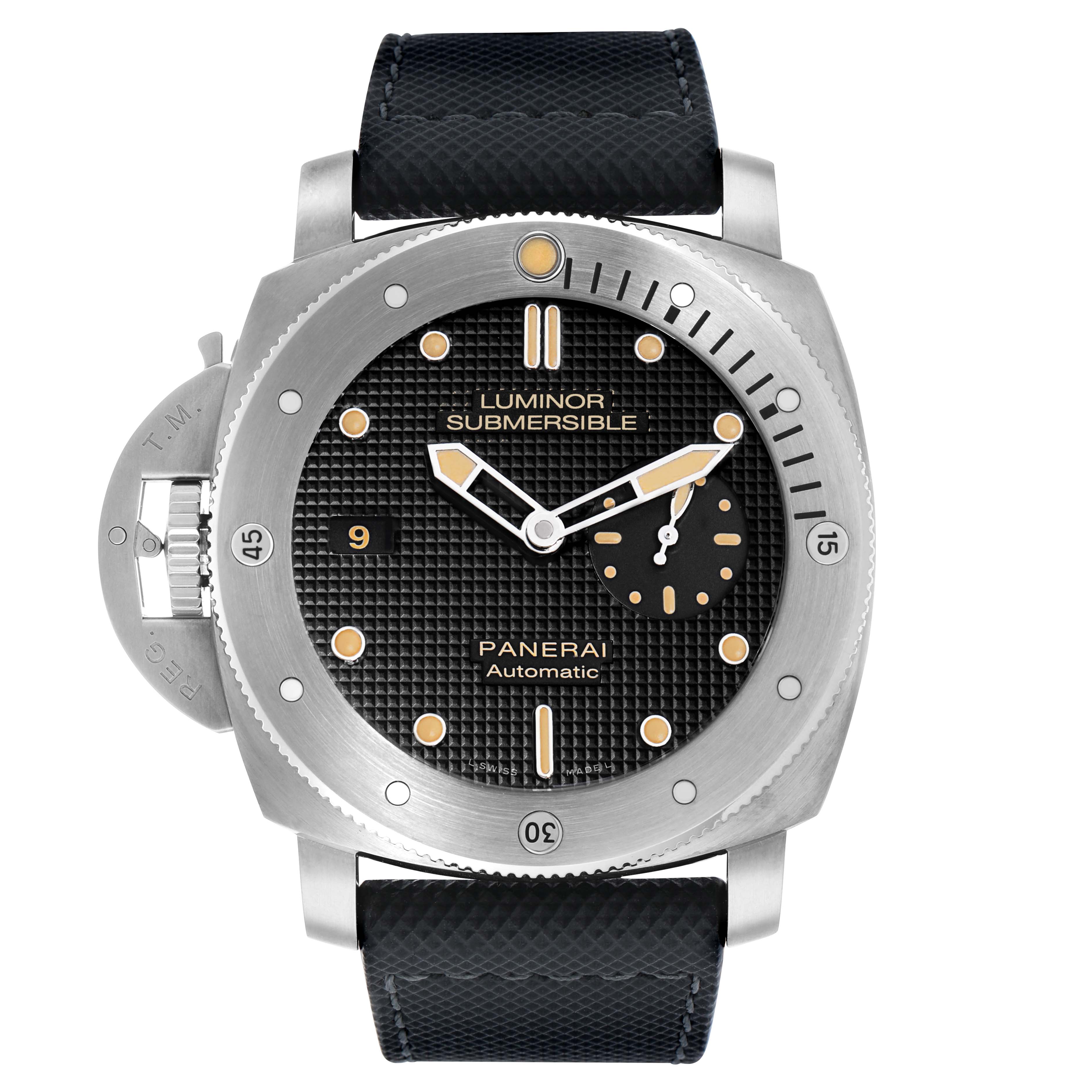 The Panerai Luminor PAM00569 Men's Titanium Black Dial model is shown from the front, displaying its textured dial, bezel, and strap.
