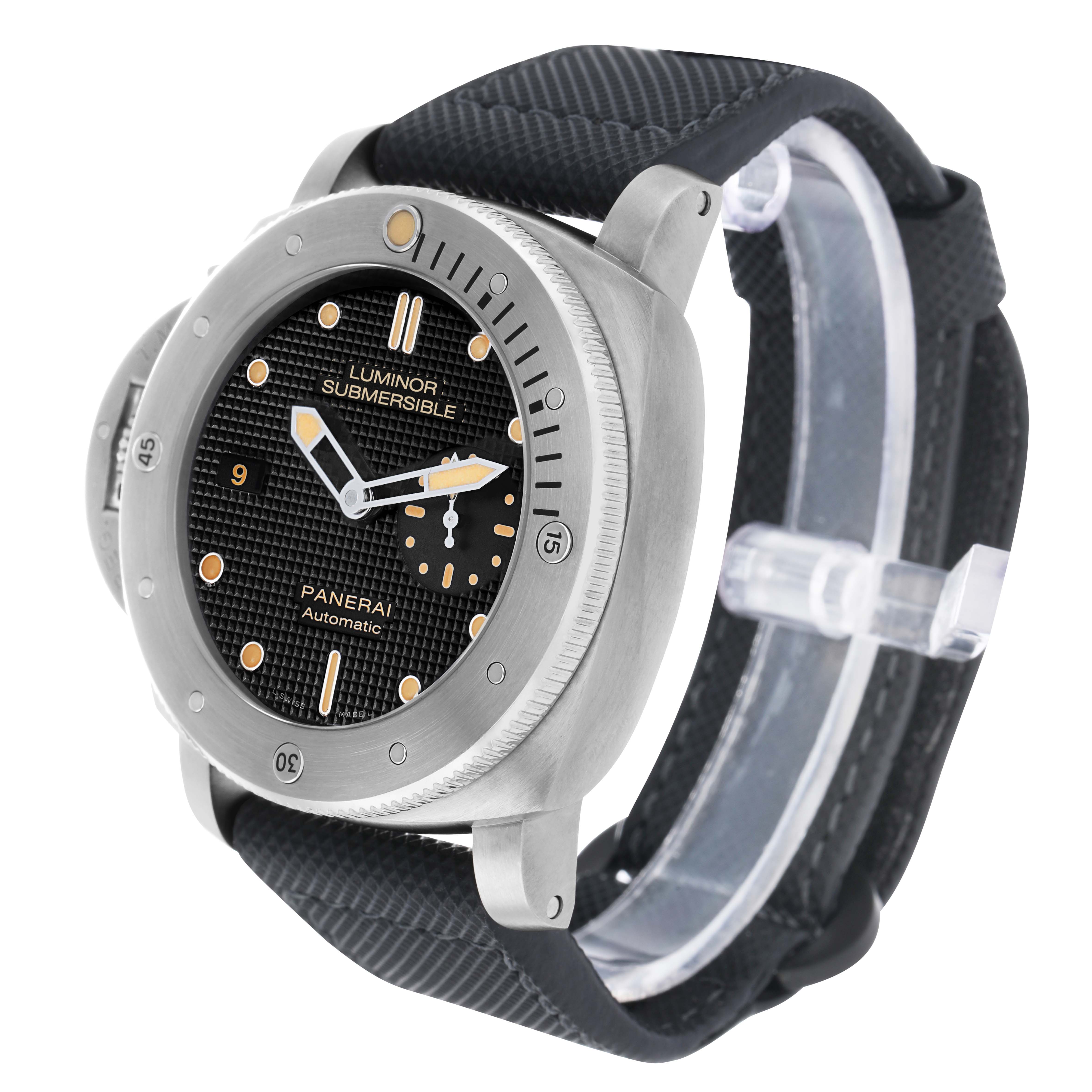 The Panerai Luminor PAM00569 Men's Titanium Black Dial model is shown at a three-quarter angle, highlighting its face, bezel, and strap.