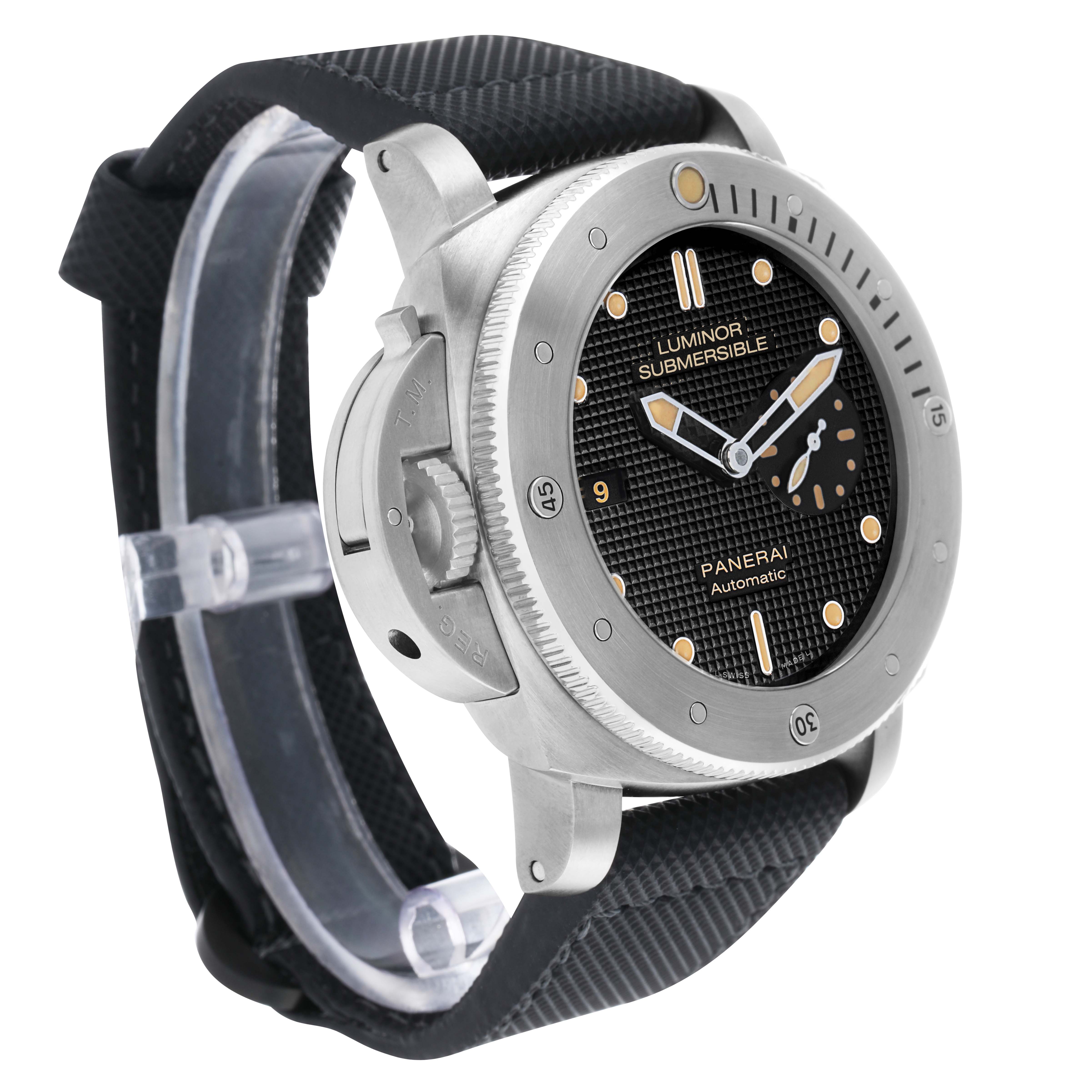 The Panerai Luminor PAM00569 Men's Titanium Black Dial watch is shown at a three-quarter angle, highlighting the face, bezel, crown protector, and strap.