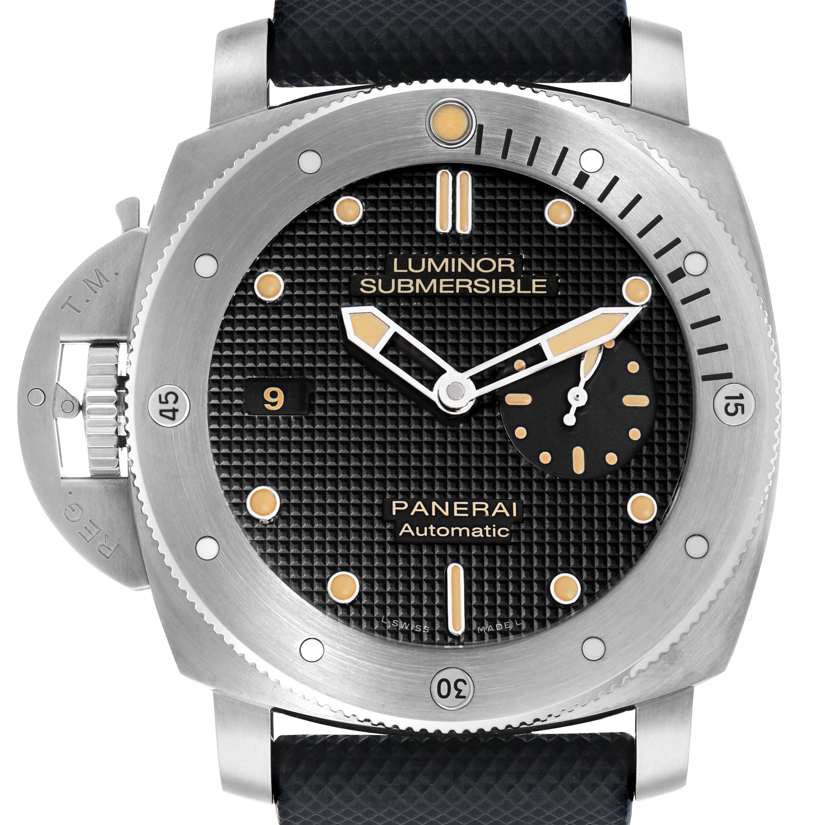 The Panerai Luminor PAM00569 Men's Titanium Black Dial watch is shown from a front view, highlighting its dial, bezel, and strap.