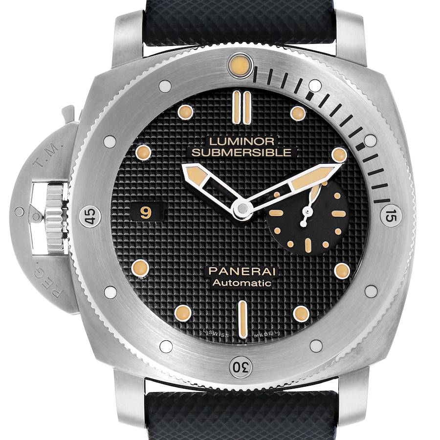 The Panerai Luminor PAM00569 Men's Titanium Black Dial watch is shown from a front view, highlighting its dial, bezel, and strap.