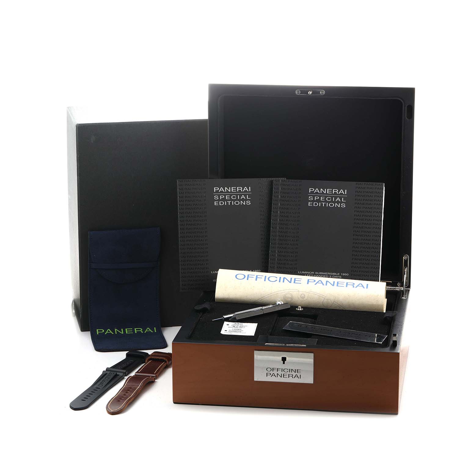 The image shows a Panerai Luminor PAM00569 Men's Titanium Black Dial watch set with its box, extra straps, a tool, and Special Editions booklets from a front angle.