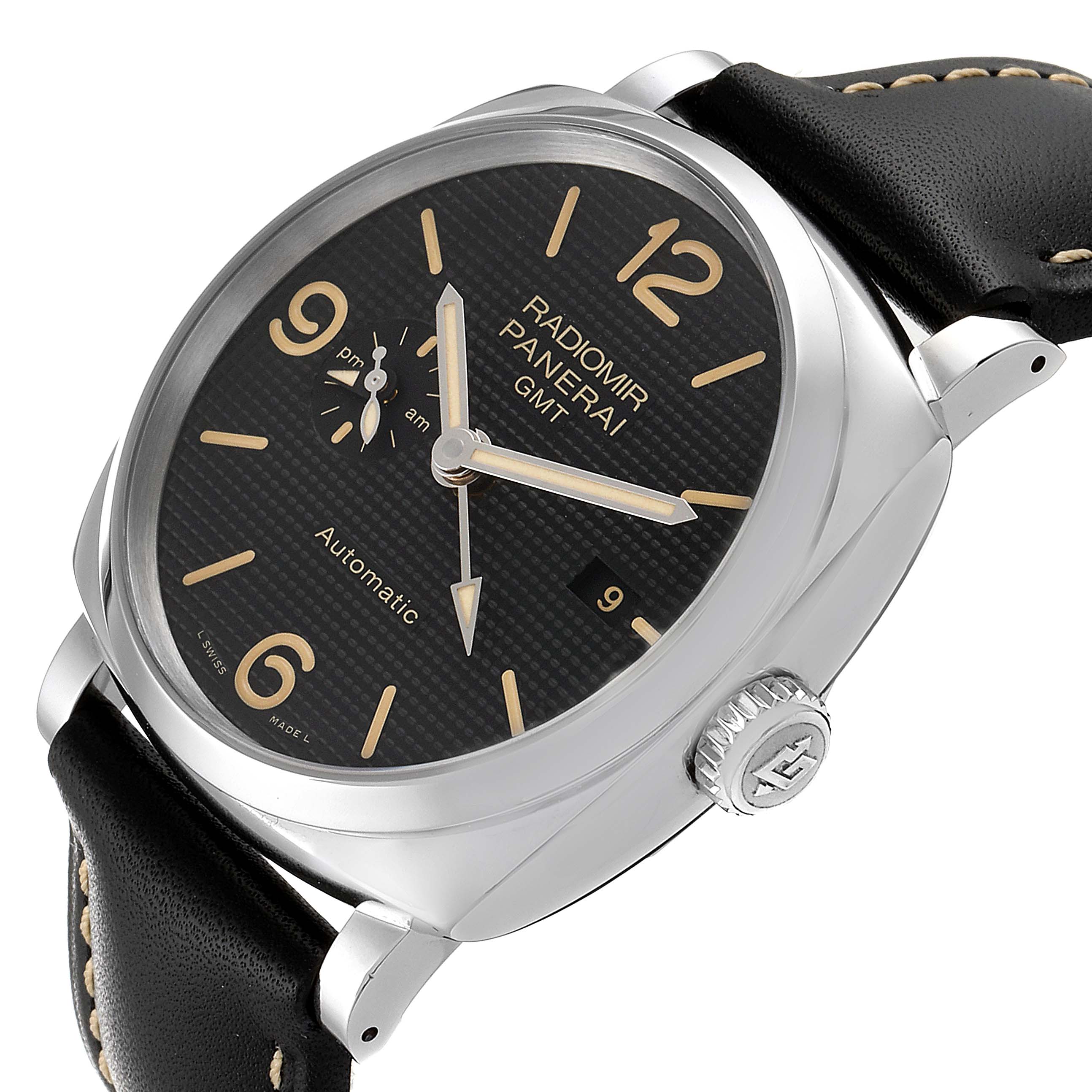 The Panerai Radiomir PAM00627 Men's Stainless Steel Black Dial PAM00627 Men's Stainless Steel Black Dial watch is shown from a front angle, highlighting its dial, crown, and part of the leather strap.