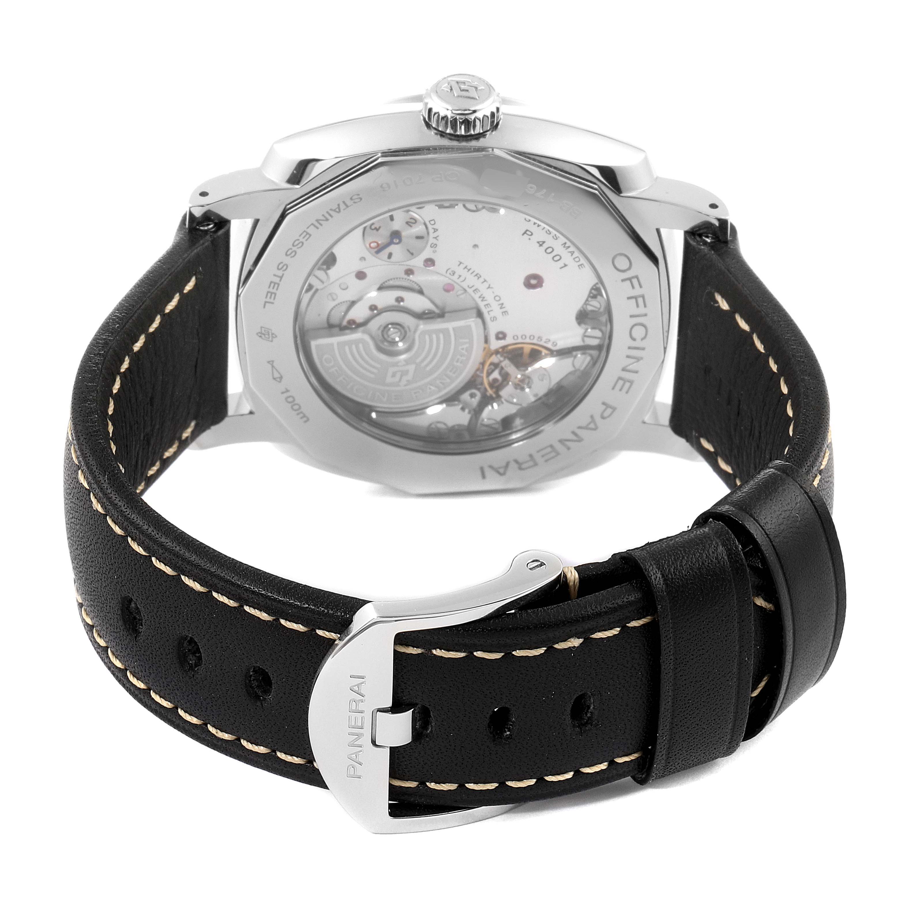 The image shows the back view of a Panerai Radiomir PAM00627 Men's Stainless Steel Black Dial PAM00627 Men's Stainless Steel Black Dial watch, showcasing its mechanical movement and black leather strap.