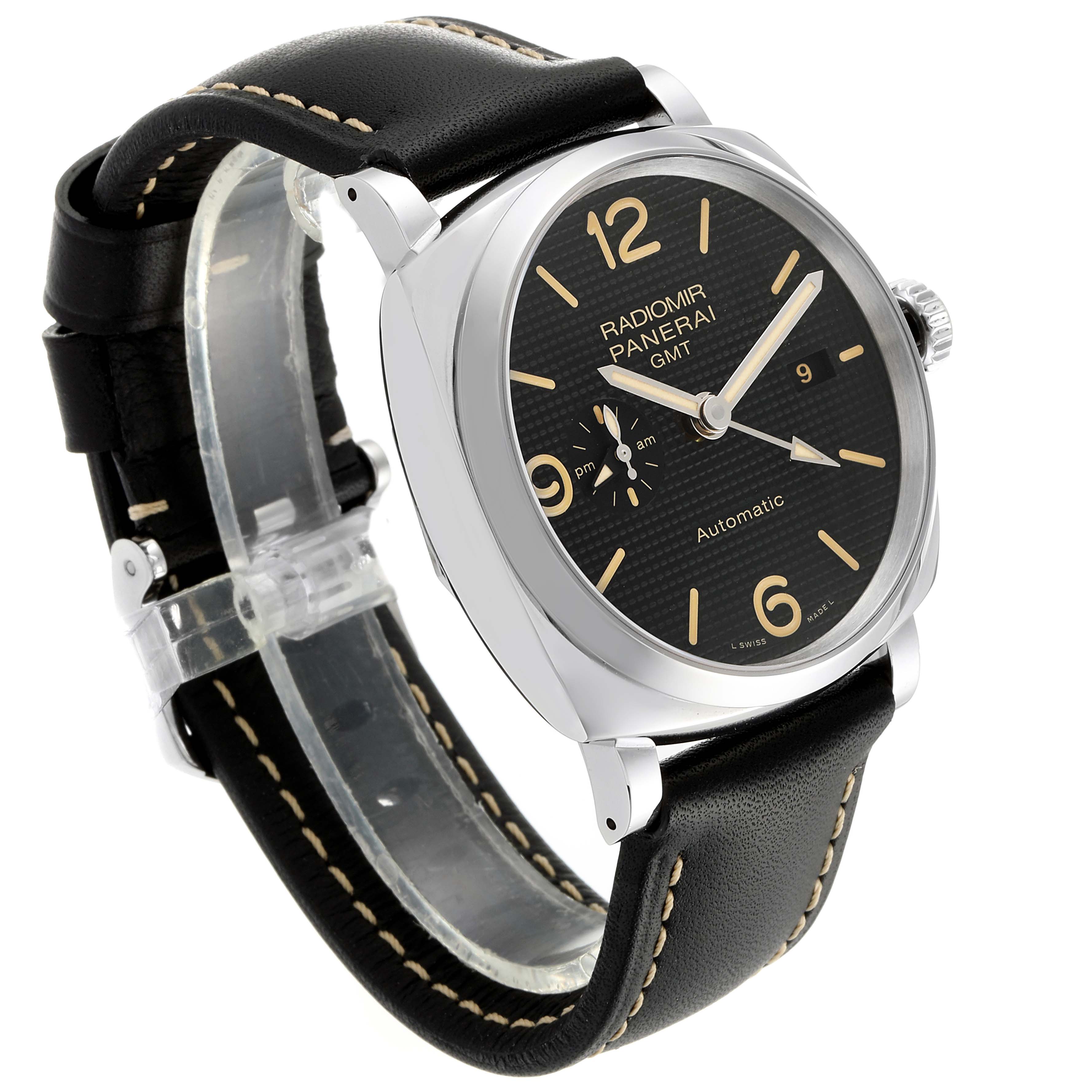 The image shows a Panerai Radiomir PAM00627 Men's Stainless Steel Black Dial PAM00627 Men's Stainless Steel Black Dial watch at a three-quarter angle, highlighting its black dial, leather strap, and case.